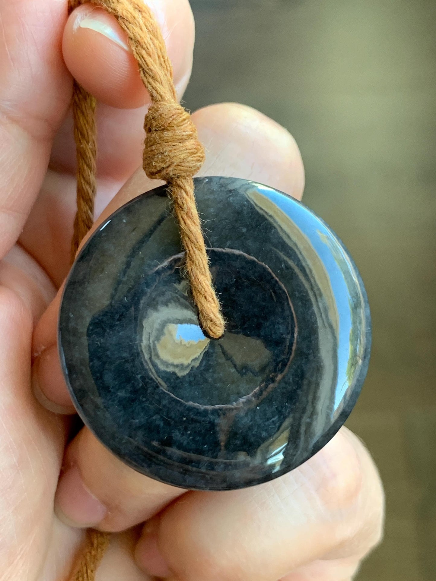 Natural Grade A Icy Translucent Wuji Jade Jadeite Large Ping An Kou Donut Pendant Rope Necklace 26” 19g 天然冰乌鸡翡翠平安扣吊坠 WJK145-Z