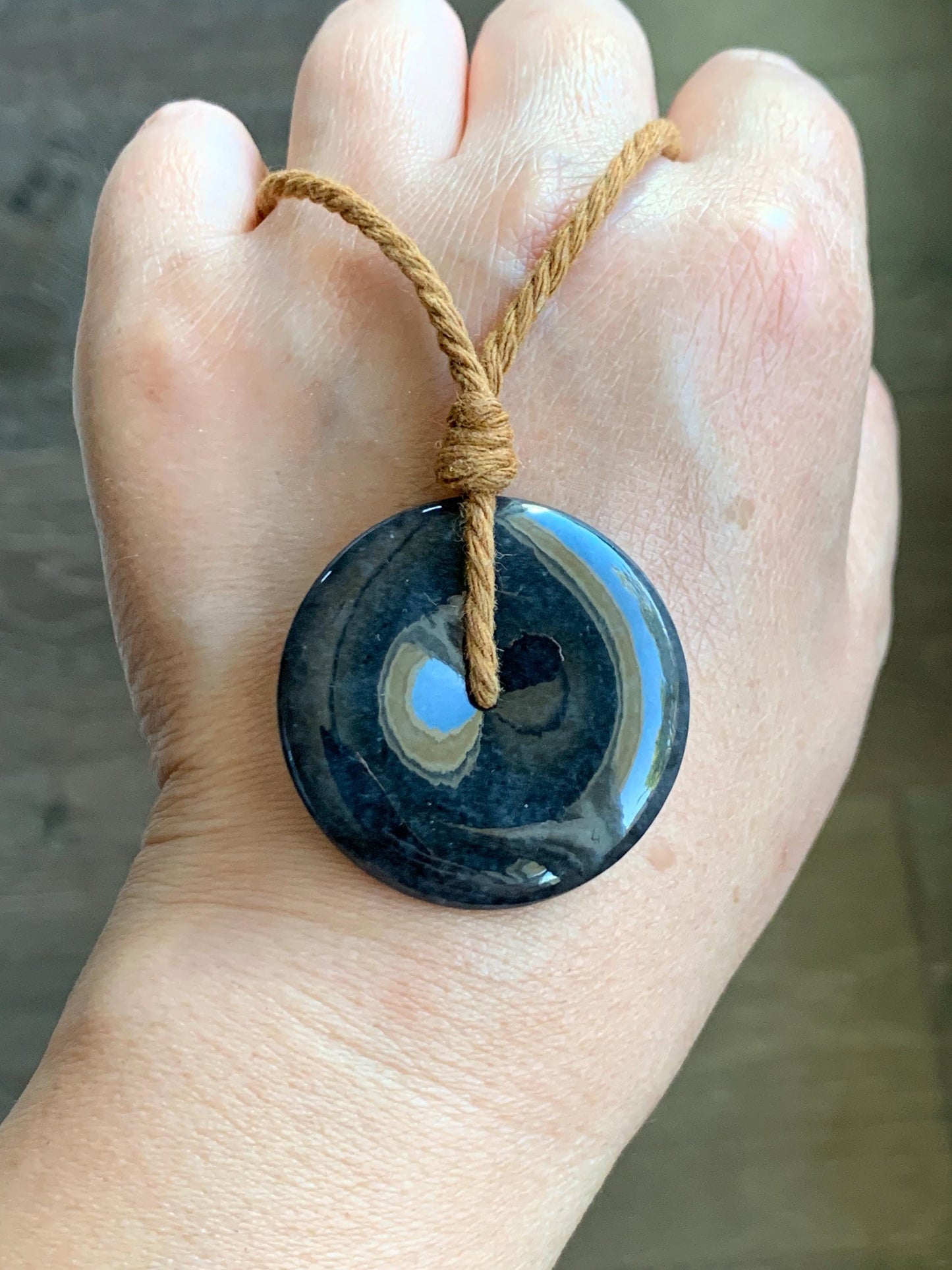 Natural Grade A Icy Translucent Wuji Jade Jadeite Large Ping An Kou Donut Pendant Rope Necklace 26” 19g 天然冰乌鸡翡翠平安扣吊坠 WJK145-Z