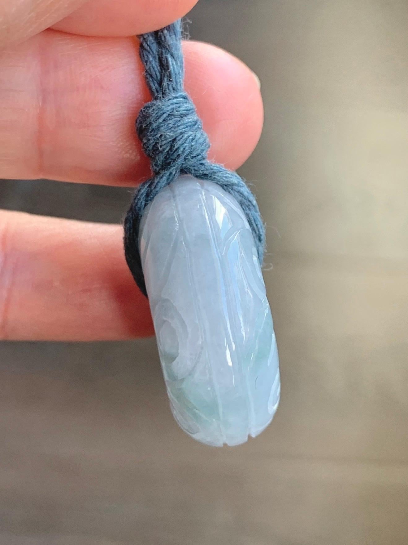 Natural Grade A Icy Translucent Pastel Blue Jade Jadeite Engraved Large Ping An Kou Donut Pendant Rope Necklace 25” 22g 天然淡蓝翡翠仿古雕平安扣吊坠 DLM66