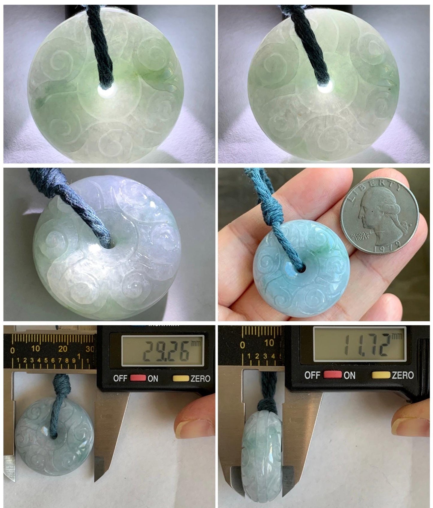 Natural Grade A Icy Translucent Pastel Blue Jade Jadeite Engraved Large Ping An Kou Donut Pendant Rope Necklace 25” 22g 天然淡蓝翡翠仿古雕平安扣吊坠 DLM66
