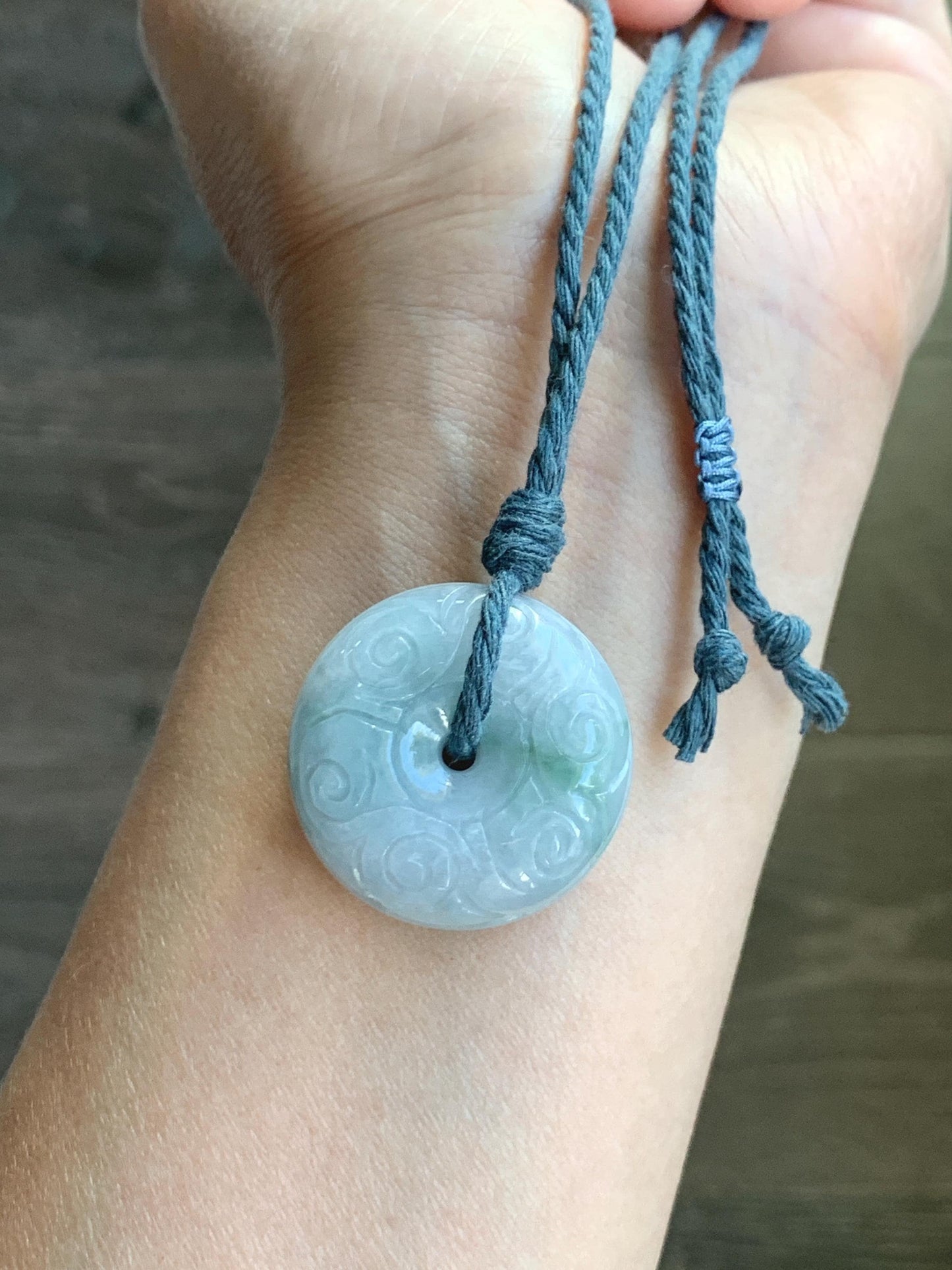 Natural Grade A Icy Translucent Pastel Blue Jade Jadeite Engraved Large Ping An Kou Donut Pendant Rope Necklace 25” 22g 天然淡蓝翡翠仿古雕平安扣吊坠 DLM66