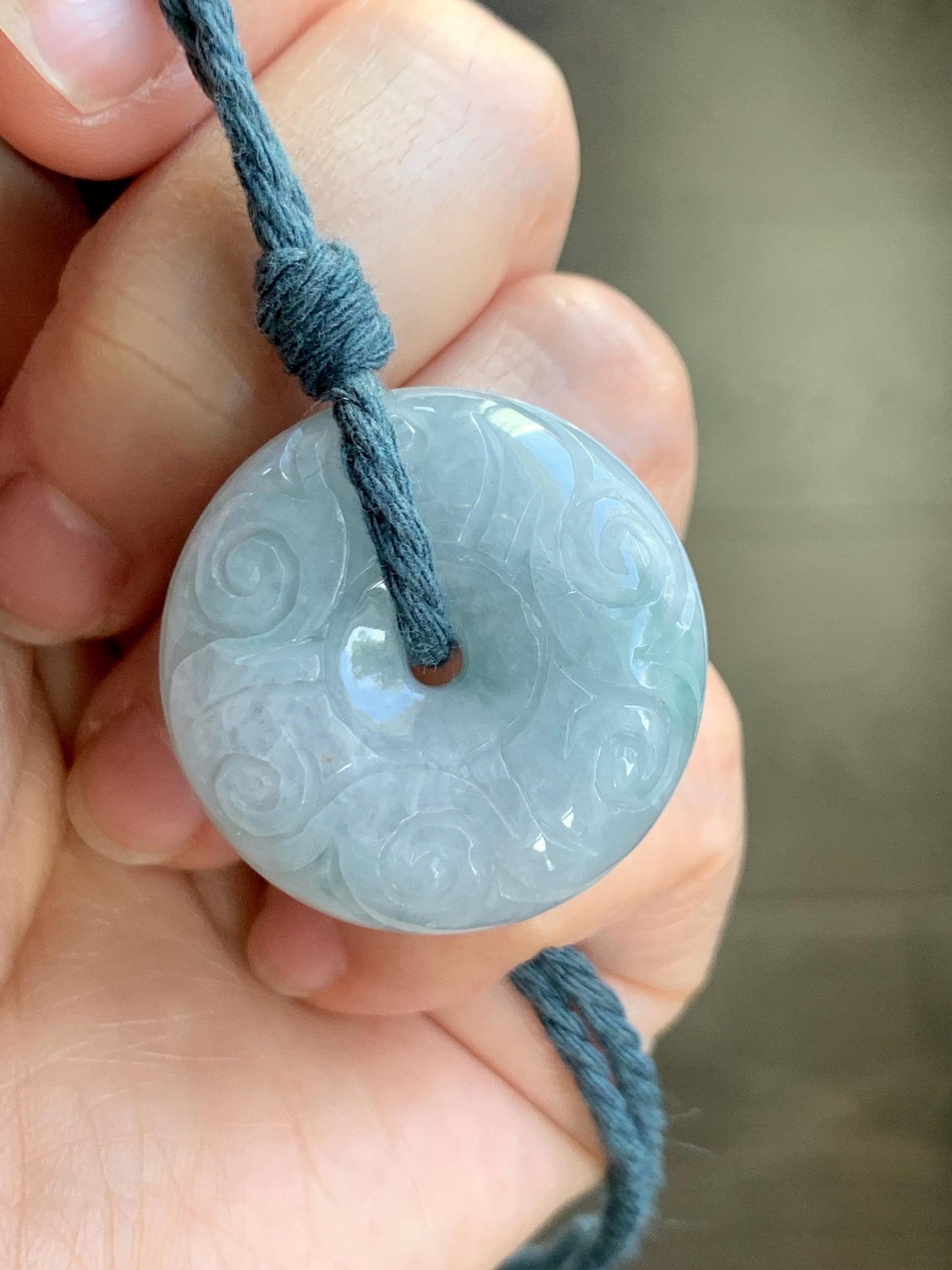 Natural Grade A Icy Translucent Pastel Blue Jade Jadeite Engraved Large Ping An Kou Donut Pendant Rope Necklace 25” 22g 天然淡蓝翡翠仿古雕平安扣吊坠 DLM66