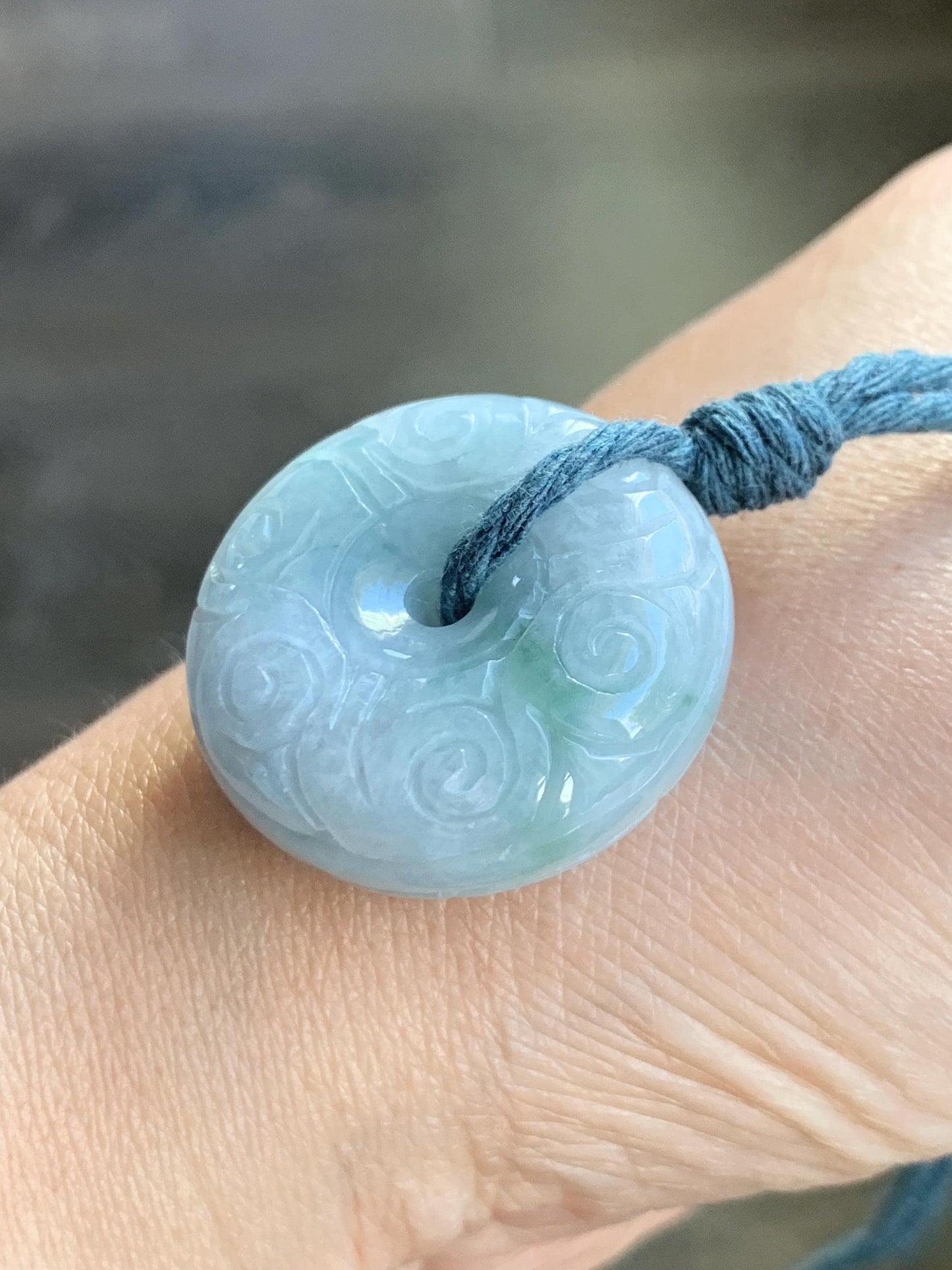 Natural Grade A Icy Translucent Pastel Blue Jade Jadeite Engraved Large Ping An Kou Donut Pendant Rope Necklace 25” 22g 天然淡蓝翡翠仿古雕平安扣吊坠 DLM66