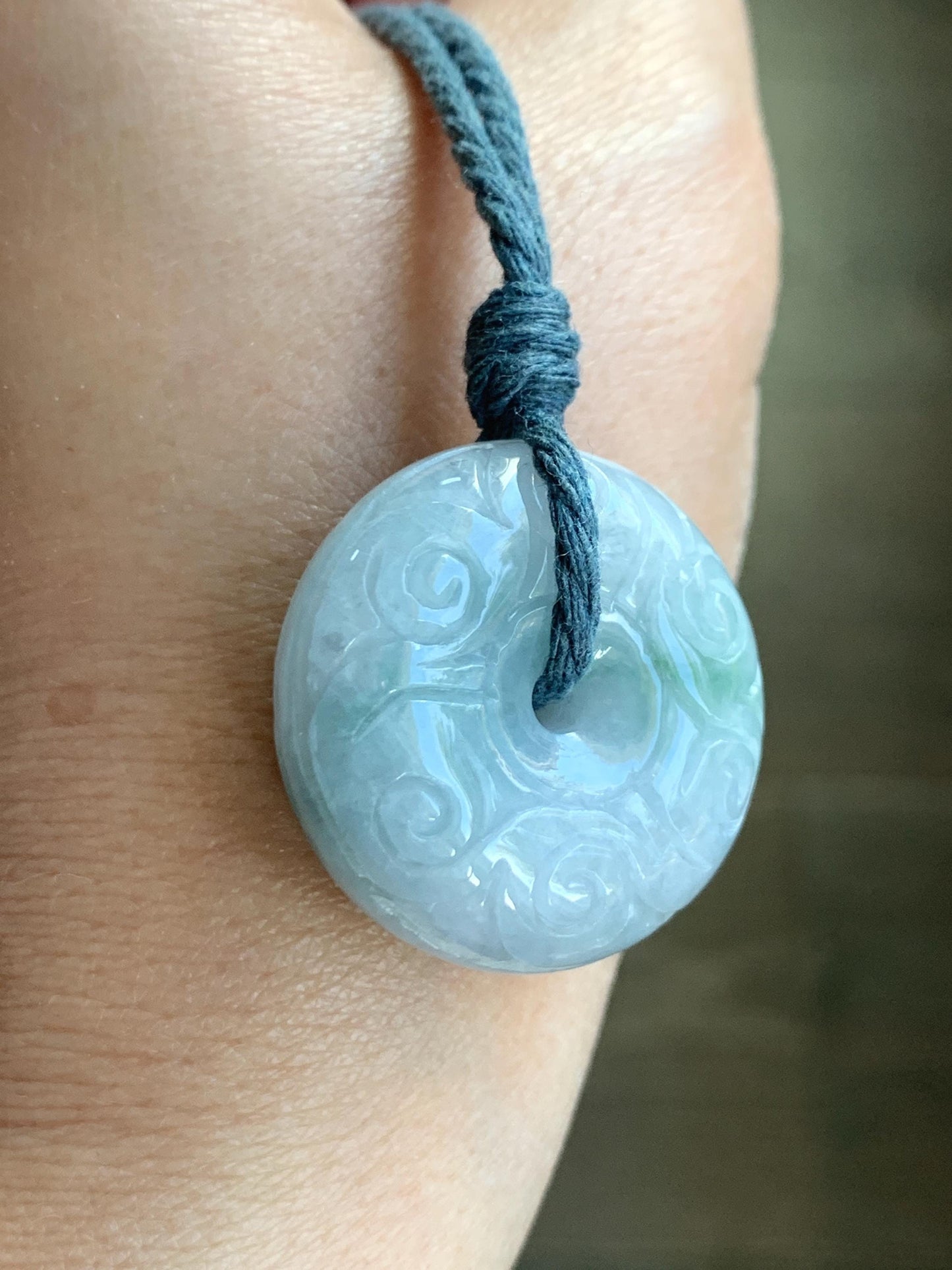Natural Grade A Icy Translucent Pastel Blue Jade Jadeite Engraved Large Ping An Kou Donut Pendant Rope Necklace 25” 22g 天然淡蓝翡翠仿古雕平安扣吊坠 DLM66