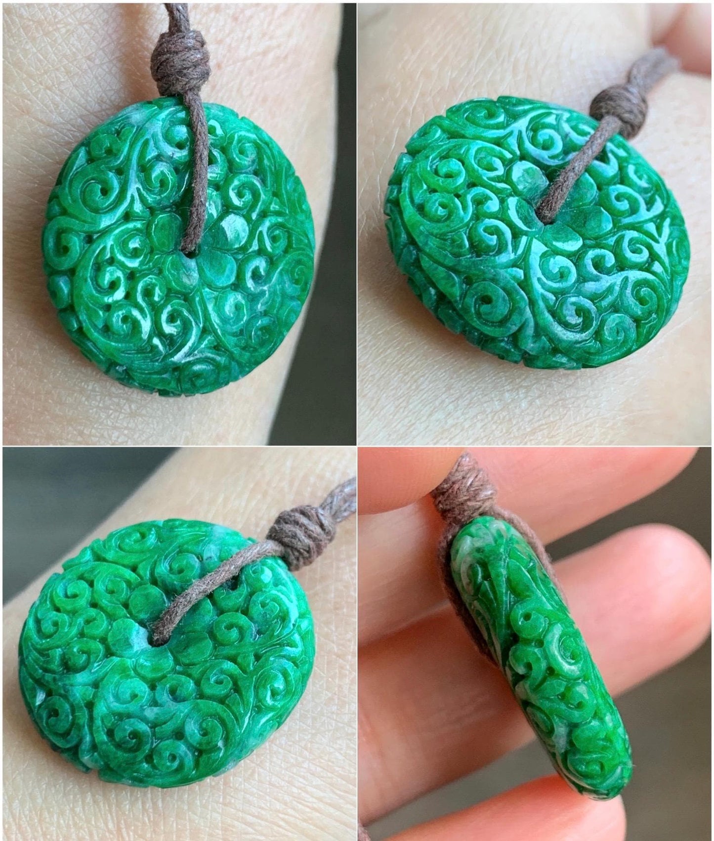 Certified Natural Grade A Icy Vibrant Hot Green Jade Jadeite Engraved Donut Ping An Kou Pendant Rope Necklace 8.61g 天然辣绿花青翡翠仿古雕平安扣吊坠 3904