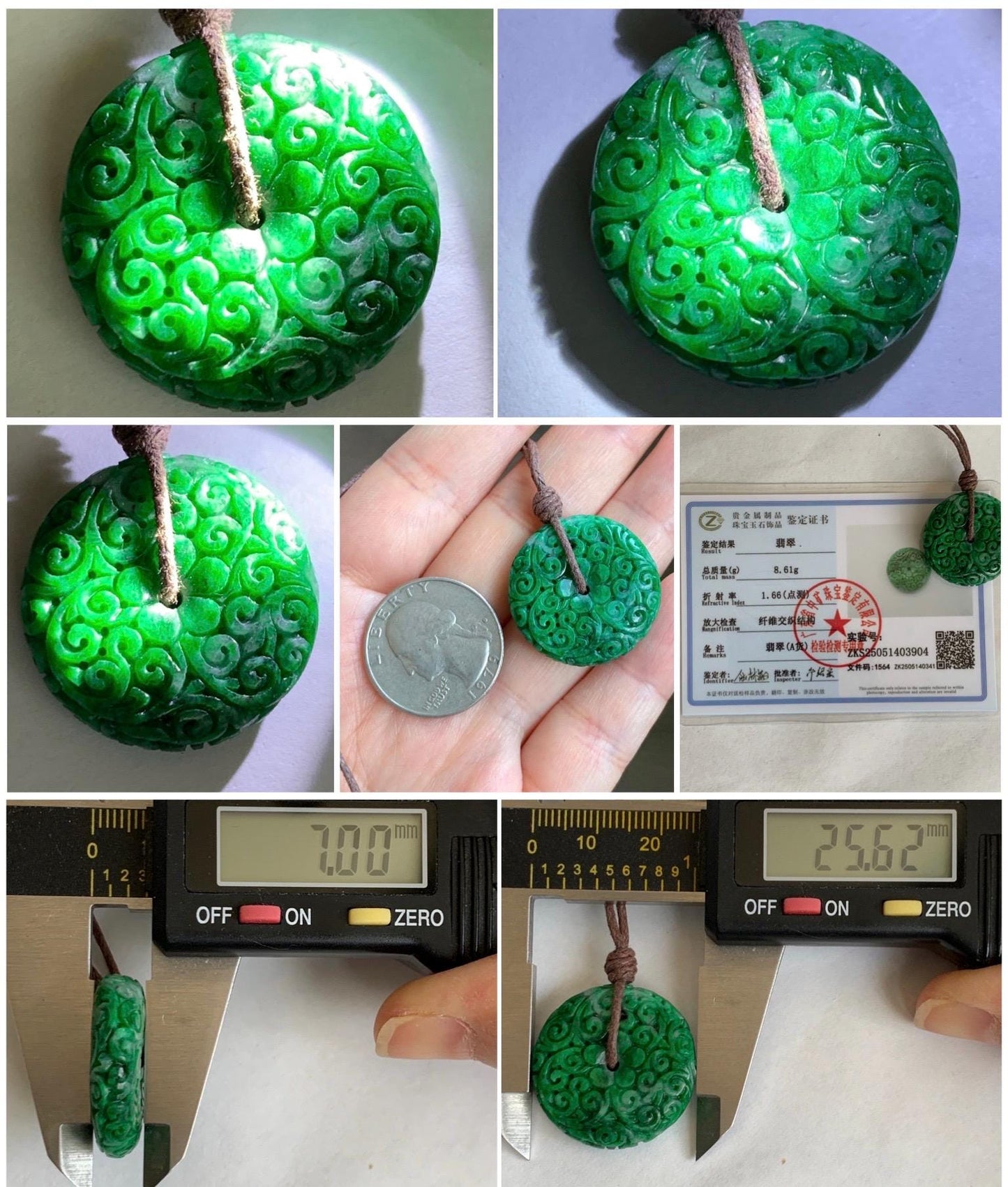 Certified Natural Grade A Icy Vibrant Hot Green Jade Jadeite Engraved Donut Ping An Kou Pendant Rope Necklace 8.61g 天然辣绿花青翡翠仿古雕平安扣吊坠 3904
