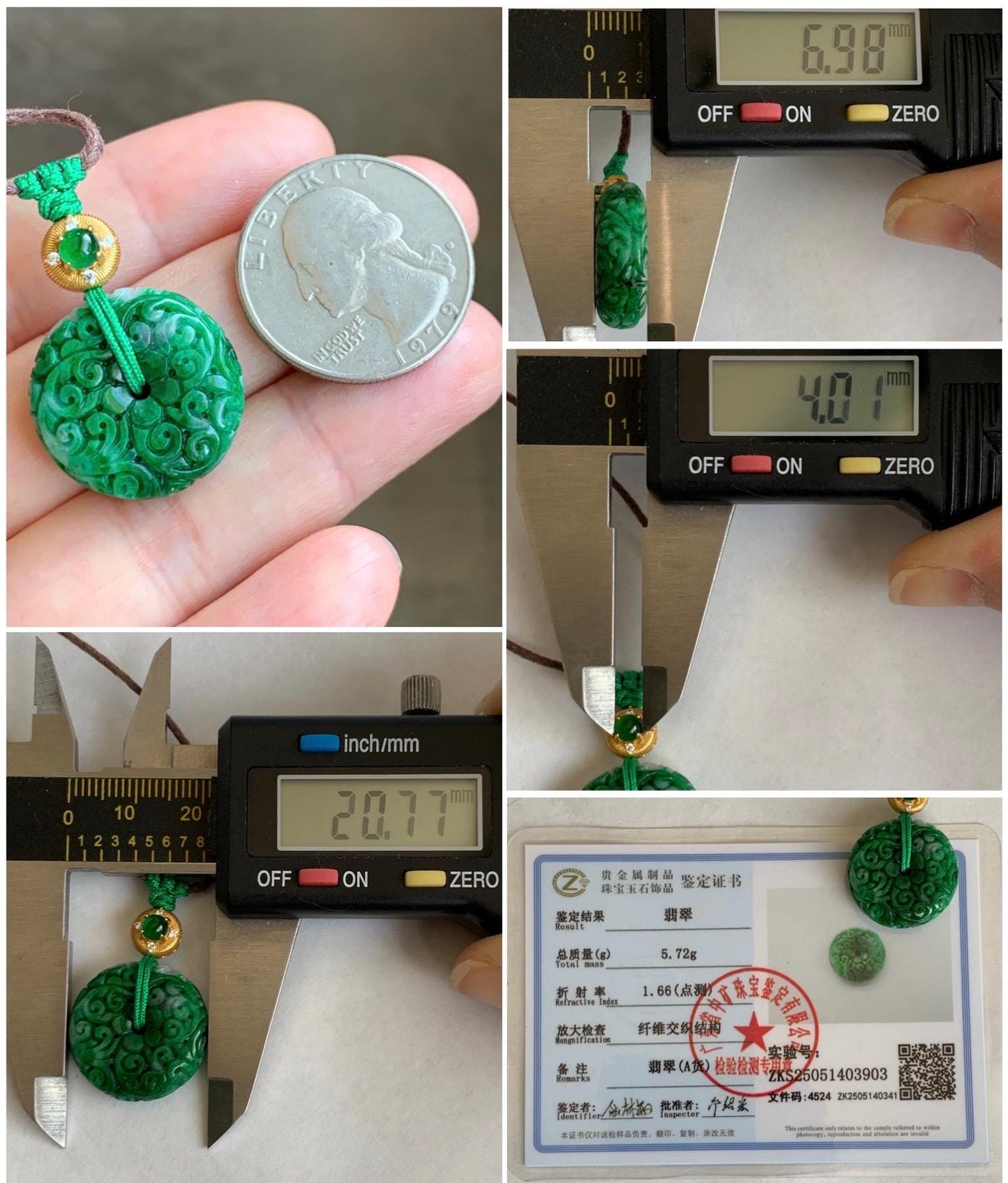 Certified Natural Grade A Icy Vibrant Hot Green Jade Jadeite Engraved Donut Ping An Kou Pendant Rope Necklace 5.72g 天然辣绿花青翡翠仿古雕平安扣吊坠 3903