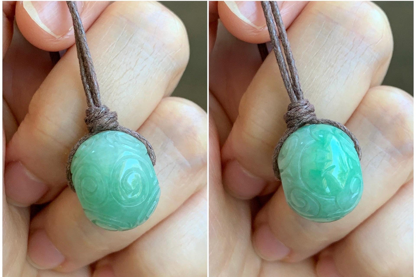 Natural Grade A Icy Translucent Green Jade Jadeite Engraved Apple Bead Pendant Adjustable Rope Necklace 25” 8g 天然冰绿翡翠雕花苹果珠吊坠项链 MLPG66