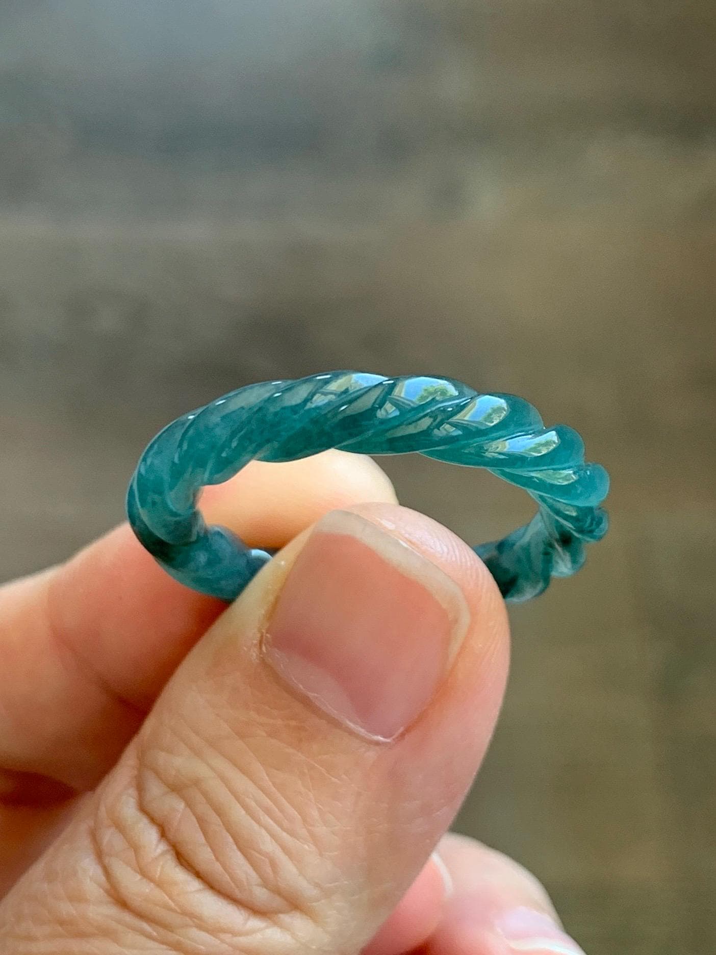 Natural Grade A Guatemalan Icy Translucent Gelatinous Dark Teal Blue Jadeite Carved Braid Band Ring Size 11.5 US 3g 天然冰胶危蓝水翡翠麻花戒圈 WMH60C