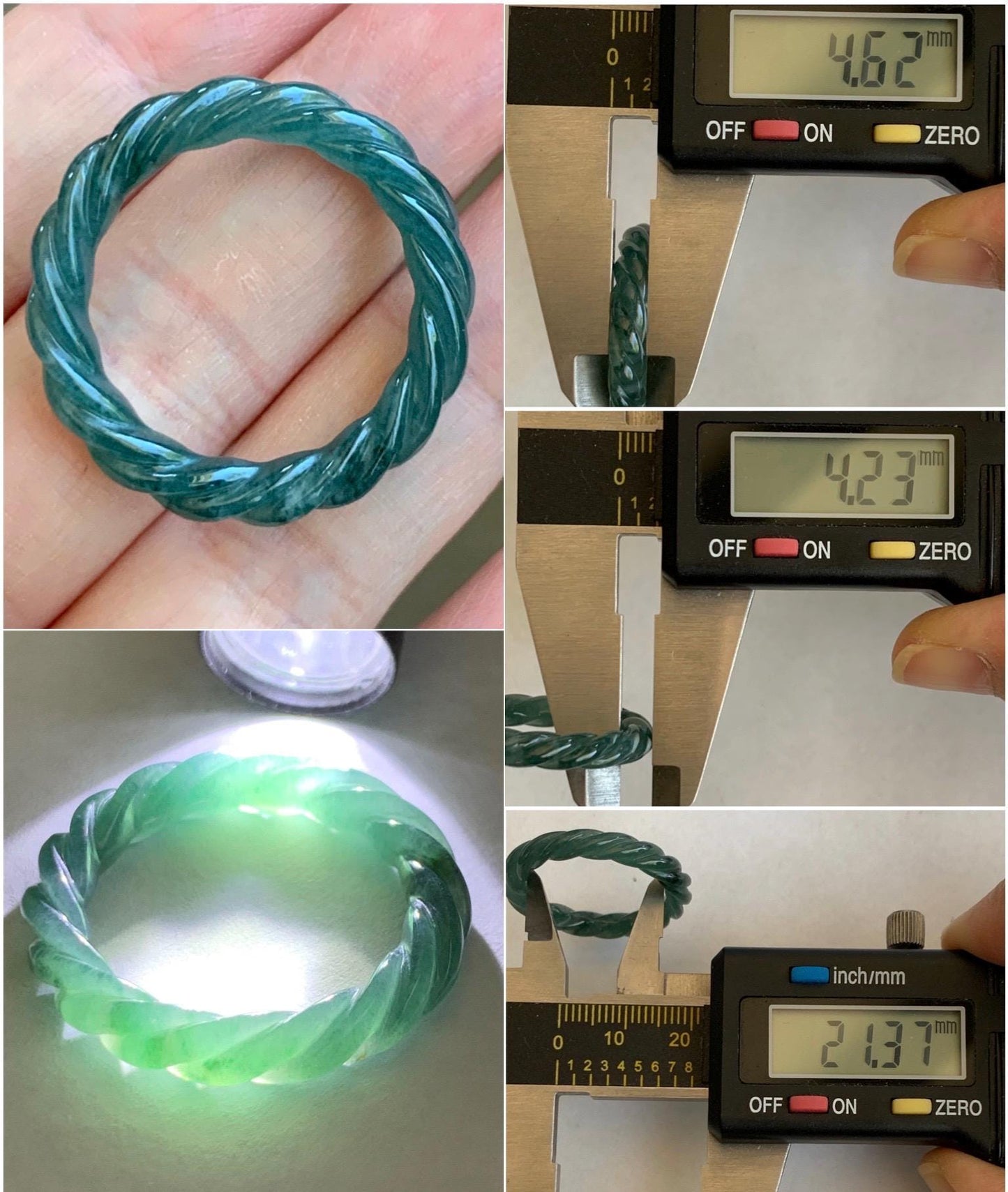 Natural Grade A Guatemalan Icy Translucent Gelatinous Dark Teal Blue Jadeite Carved Braid Band Ring Size 11.5 US 3g 天然冰胶危蓝水翡翠麻花戒圈 WMH60C