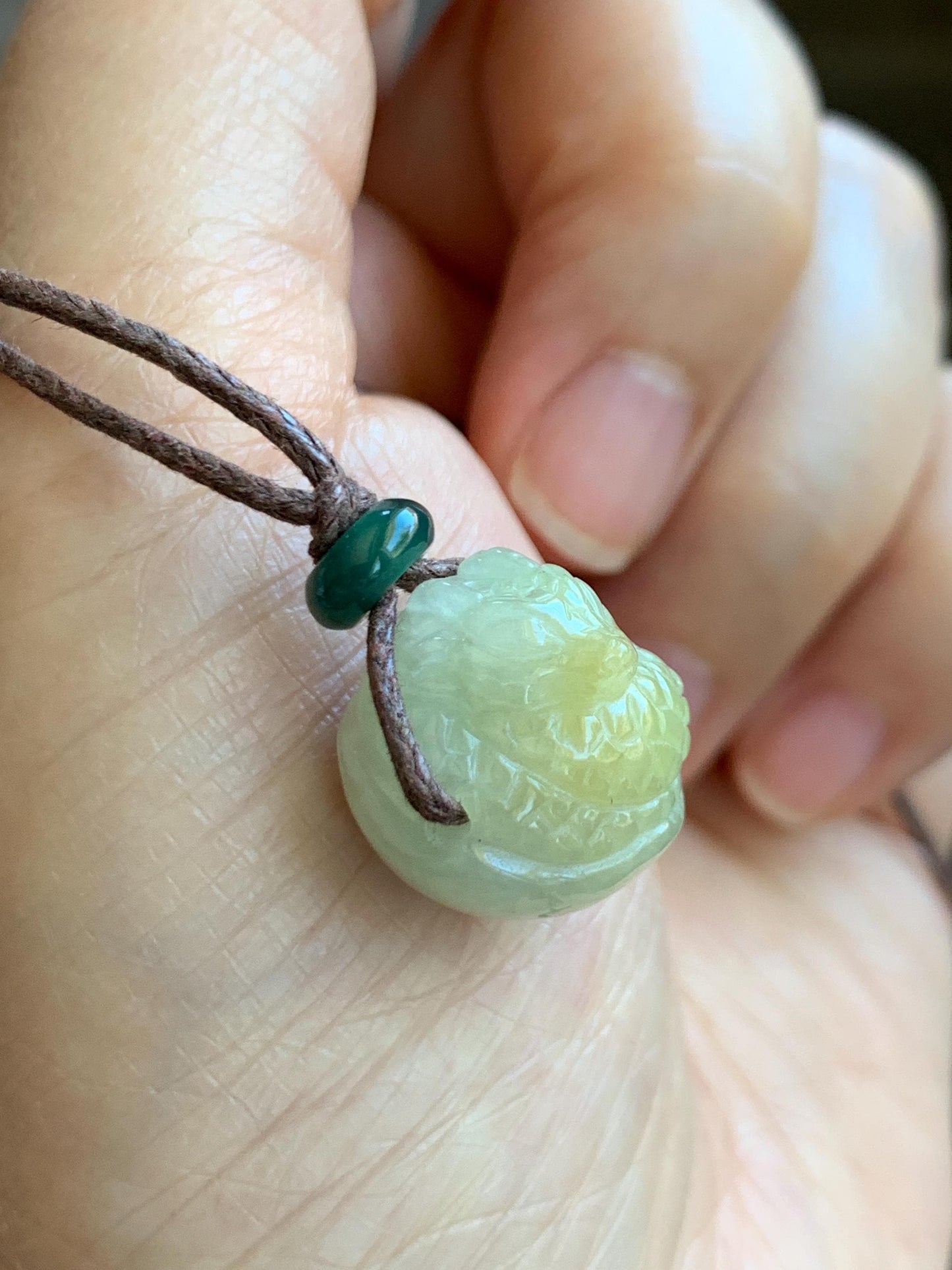 Natural Grade A Icy Translucent Yellow Marbled Jade Jadeite Baby Dragon Dragon Egg Pendant Rope Necklace 25” 7g 天然冰黄翡翠破壳龙宝宝珠吊坠项链 MHLD89