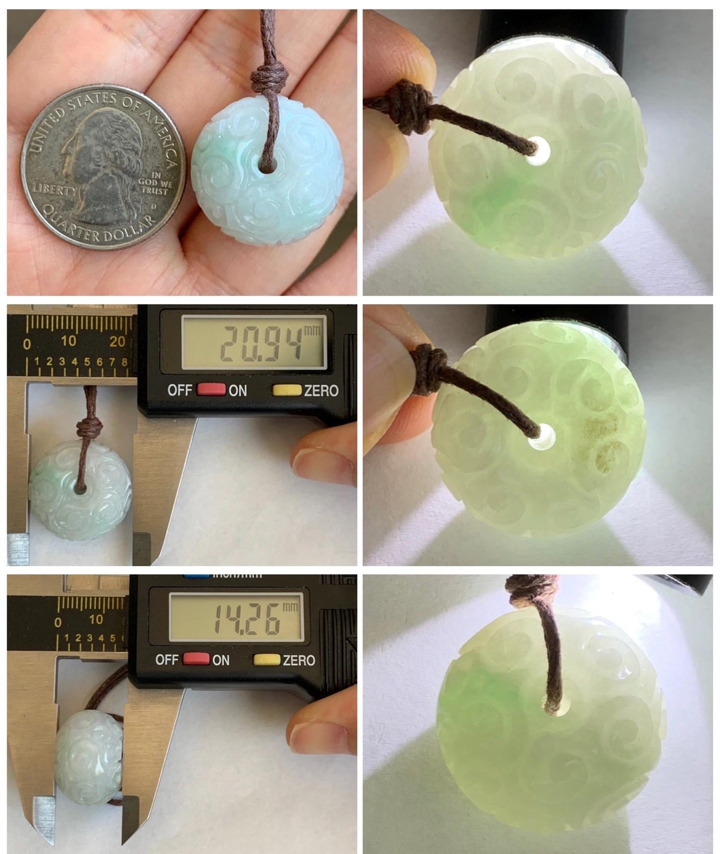 Natural Grade A Icy Translucent Light Green Marbled Jade Jadeite Engraved Ping An Kou Donut Pendant Rope Necklace 25" 天然飘花翡翠仿古雕平安扣吊坠 FGZ90A