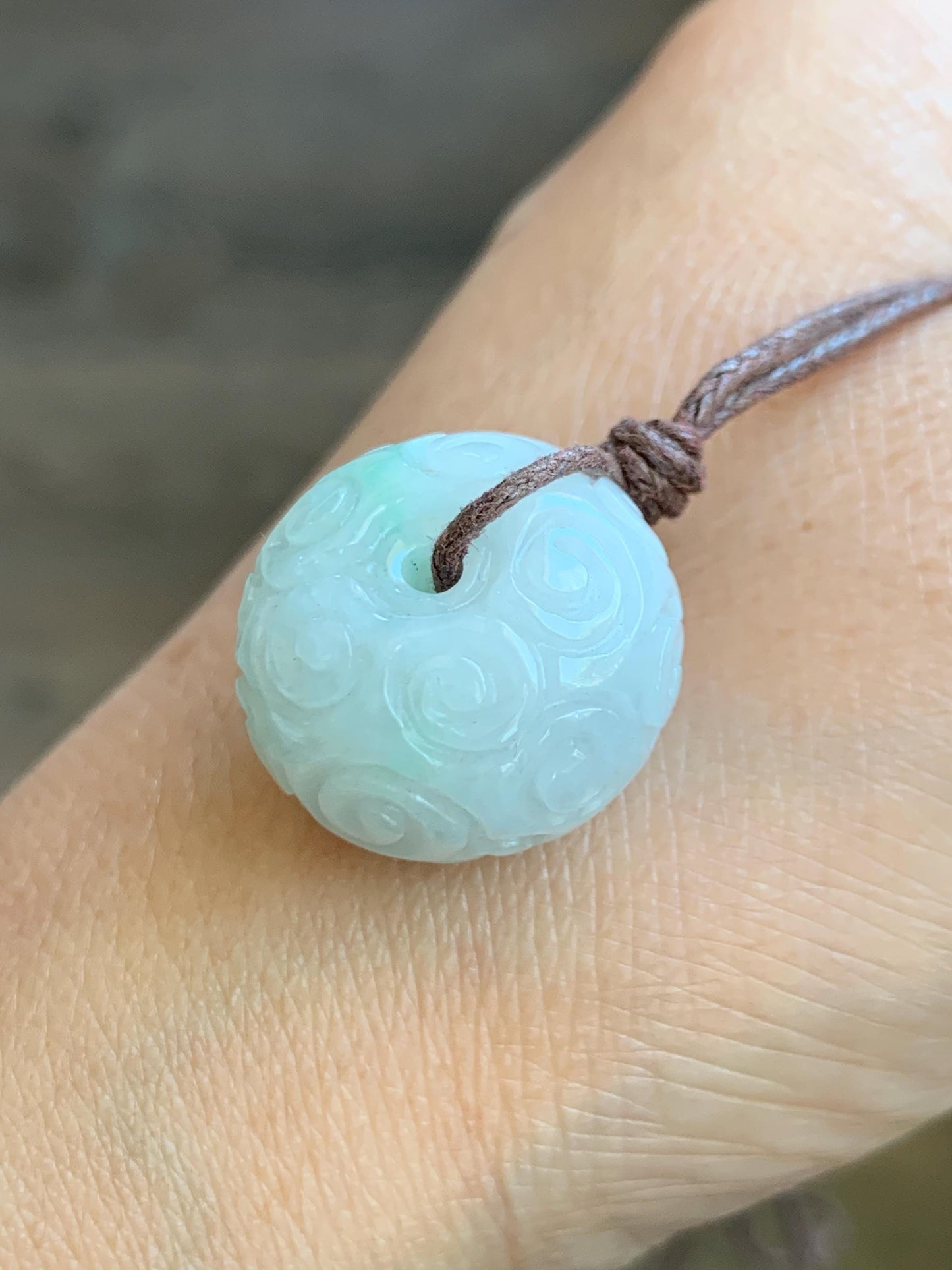 Natural Grade A Icy Translucent Light Green Marbled Jade Jadeite Engraved Ping An Kou Donut Pendant Rope Necklace 25" 天然飘花翡翠仿古雕平安扣吊坠 FGZ90A