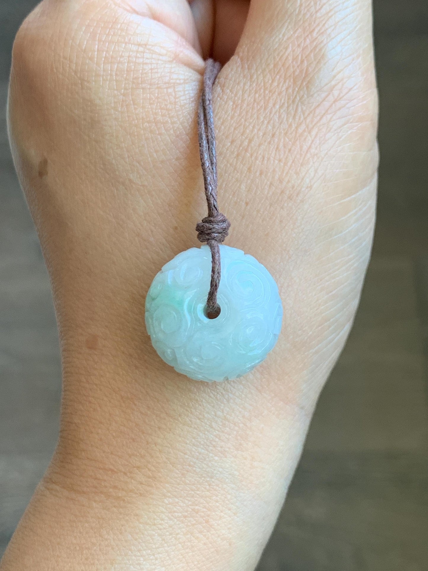 Natural Grade A Icy Translucent Light Green Marbled Jade Jadeite Engraved Ping An Kou Donut Pendant Rope Necklace 25" 天然飘花翡翠仿古雕平安扣吊坠 FGZ90A