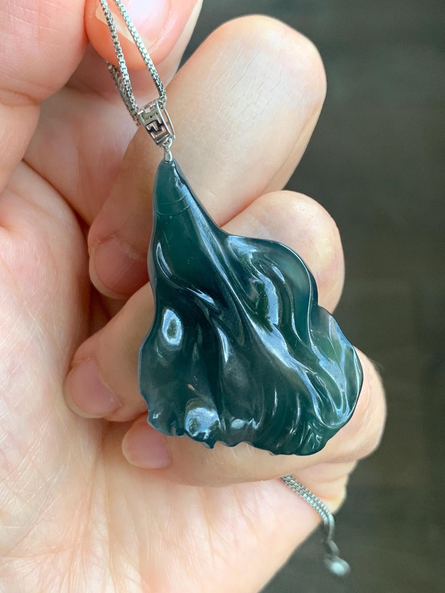 Natural Grade A Guatemalan Icy Translucent Gelatinous Old Mine Dark Teal Blue Jadeite Fish Pendant 18K White Gold 10g 天然老种冰胶危深蓝翡翠鱼镶嵌吊坠 WLDY