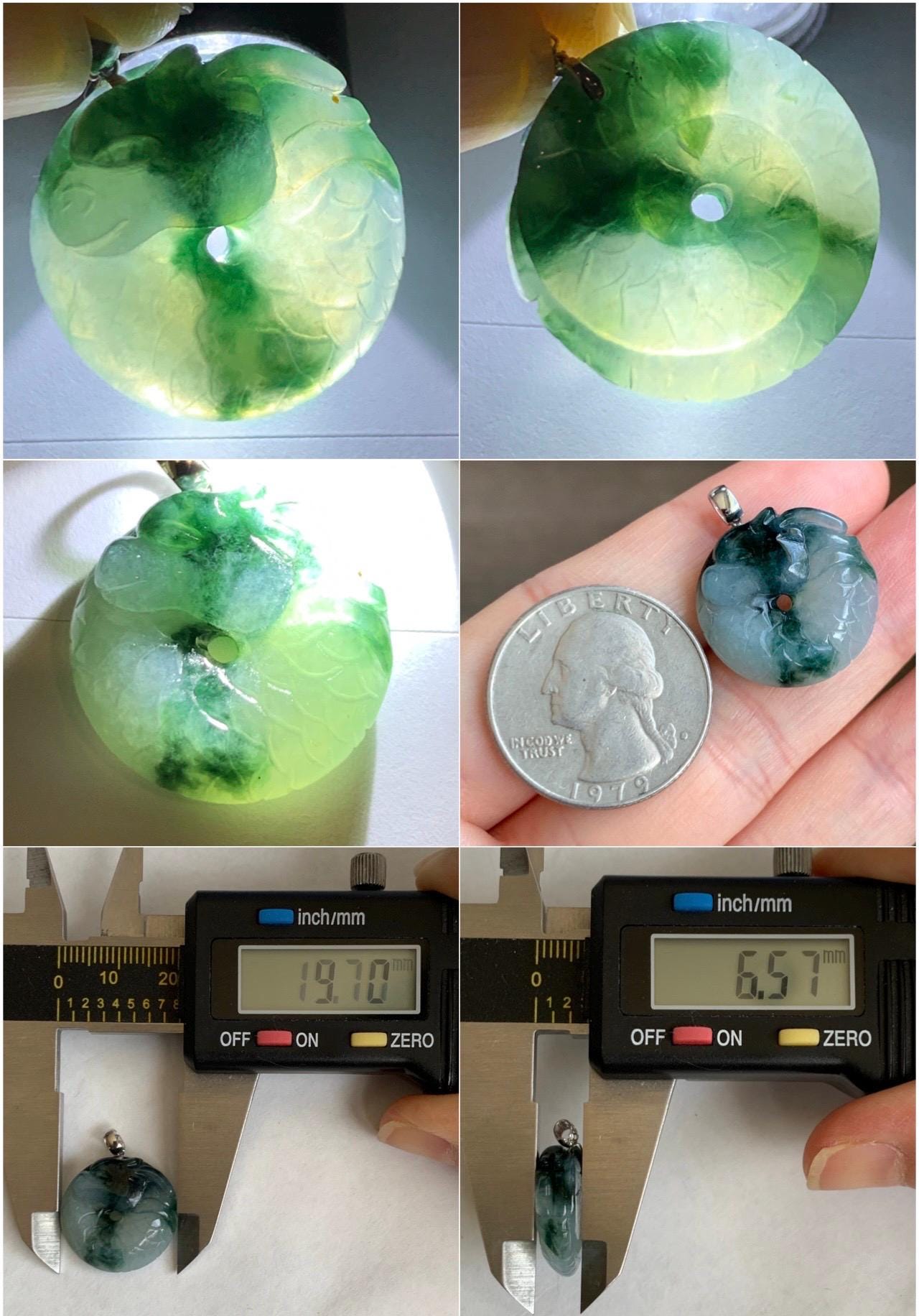 Natural Grade A Icy Translucent Gelatinous Teal Marbled Jadeite Dragon Ping An Kou Donut Pendant 18K White Gold 4g 天然冰胶飘蓝花翡翠盘龙平安扣吊坠 MPLK120