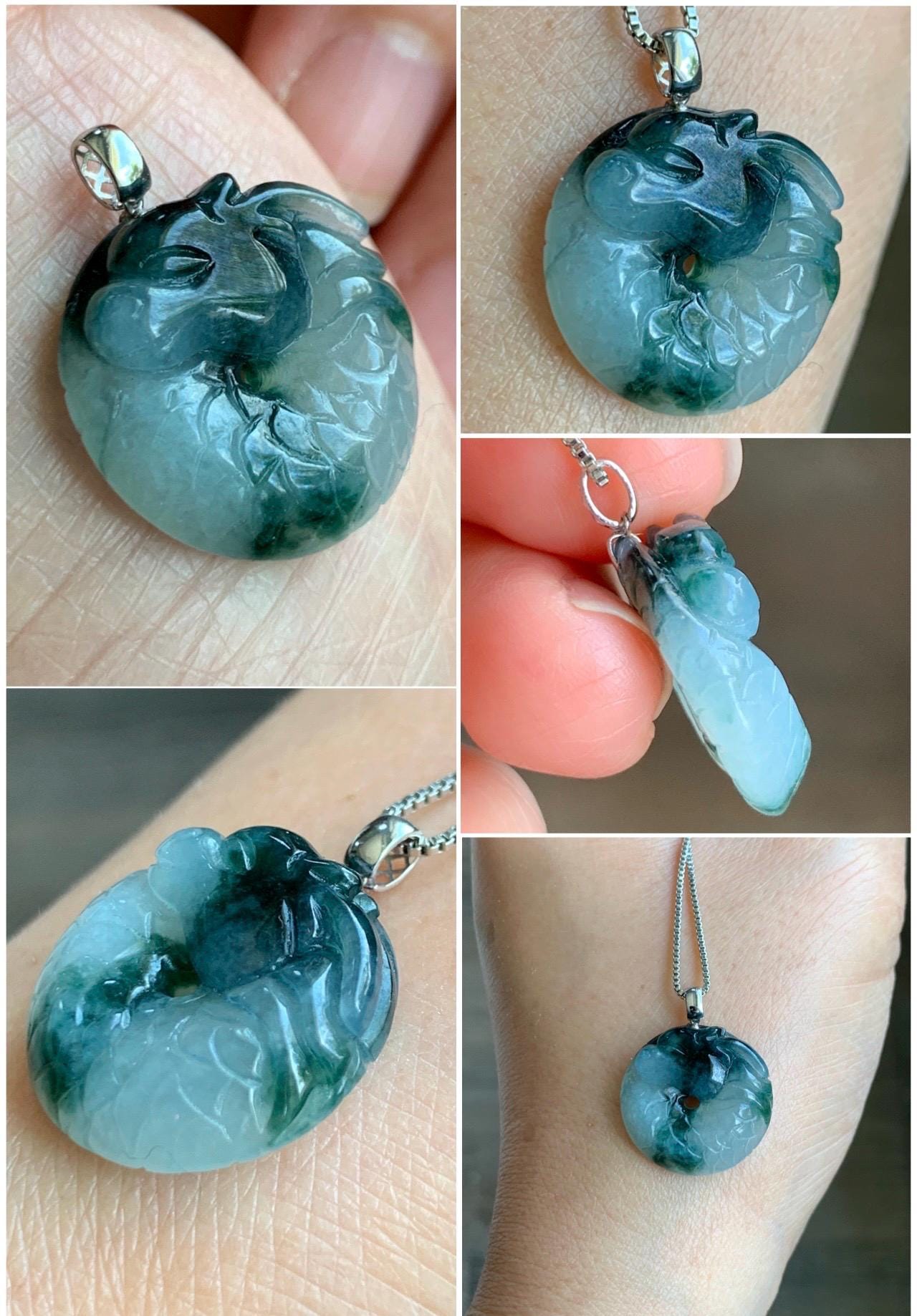 Natural Grade A Icy Translucent Gelatinous Teal Marbled Jadeite Dragon Ping An Kou Donut Pendant 18K White Gold 4g 天然冰胶飘蓝花翡翠盘龙平安扣吊坠 MPLK120