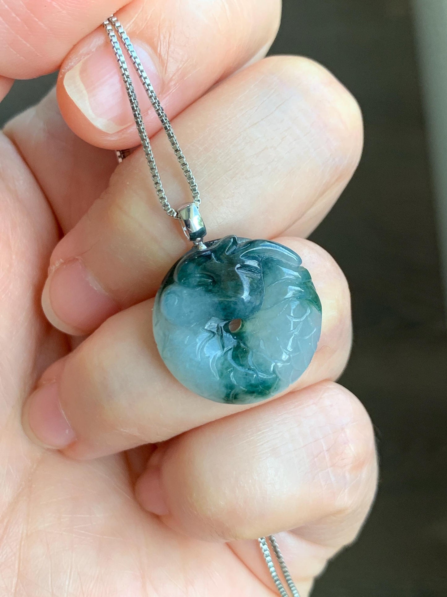 Natural Grade A Icy Translucent Gelatinous Teal Marbled Jadeite Dragon Ping An Kou Donut Pendant 18K White Gold 4g 天然冰胶飘蓝花翡翠盘龙平安扣吊坠 MPLK120