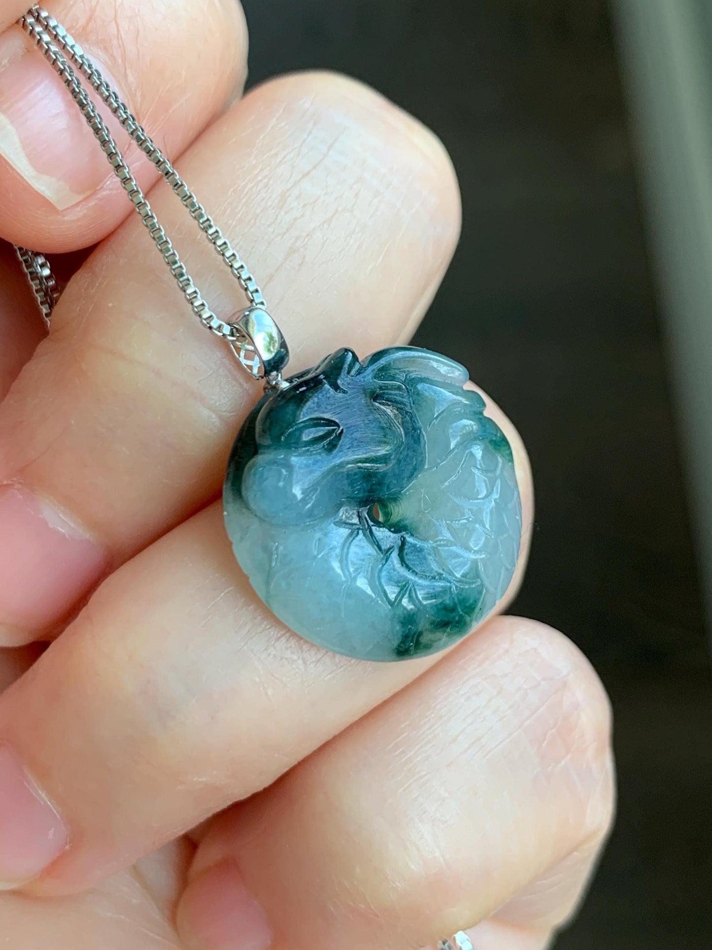 Natural Grade A Icy Translucent Gelatinous Teal Marbled Jadeite Dragon Ping An Kou Donut Pendant 18K White Gold 4g 天然冰胶飘蓝花翡翠盘龙平安扣吊坠 MPLK120