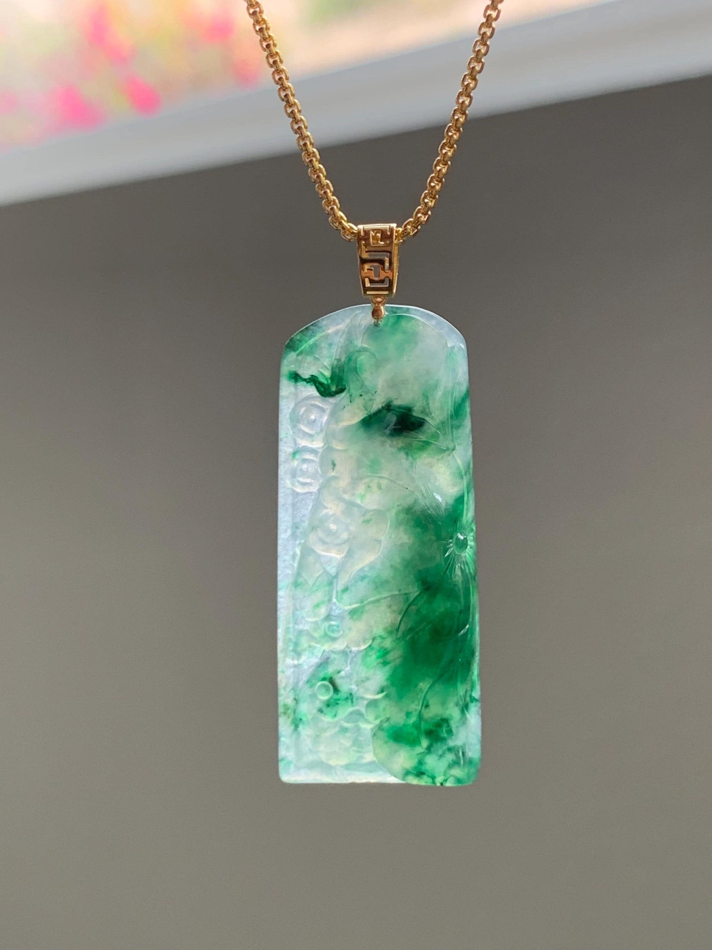 Natural Grade A Icy Highly Translucent Gelatinous Green Marbled Jadeite Koi Fish & Lily Pad Pendant 18K Yellow Gold 天然冰胶飘绿花翡翠荷叶鱼镶嵌吊坠 PLHY330