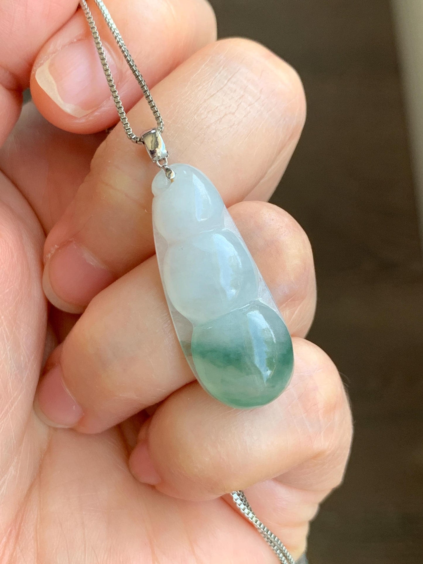 Natural Grade A Icy Translucent Gelatinous Light Green Marbled Jadeite Carved Lucky Peapod Pendant 18K White Gold 5g 天然白冰飘花翡翠福豆镶嵌吊坠 PHFD143