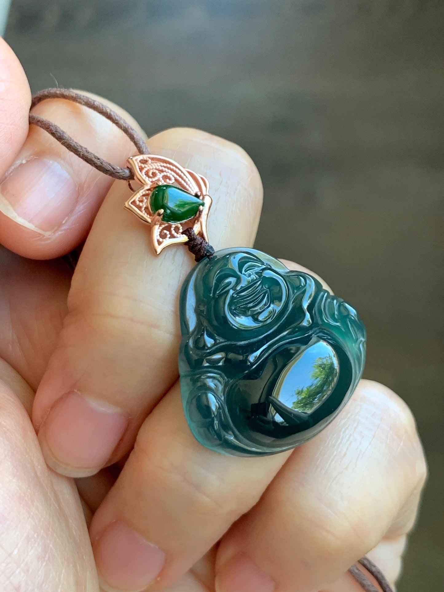 Natural Grade A Guatemalan Icy Translucent Dark Indigo Blue Jadeite Buddha Pendant Green Jadeite Bail Sterling Silver 天然冰危老种深蓝翡翠佛公危绿顶珠吊坠 NZF