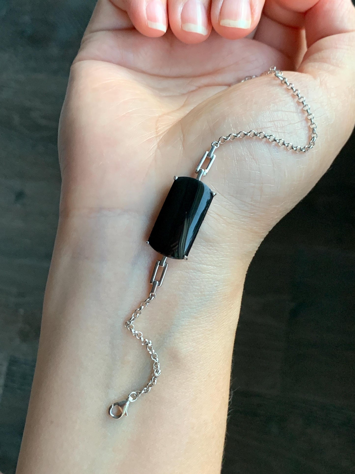 Certified Natural Grade A Opaque Black Jadeite Saddle Cabochon Rolo Chain Bracelet S925 Sterling Silver 6"-7.25" 5.7g 天然墨翠马鞍蛋面银镶手链 7419