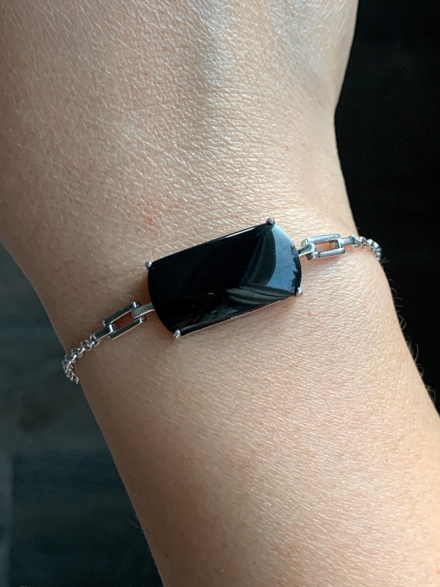 Certified Natural Grade A Opaque Black Jadeite Saddle Cabochon Rolo Chain Bracelet S925 Sterling Silver 6"-7.25" 5.7g 天然墨翠马鞍蛋面银镶手链 7419