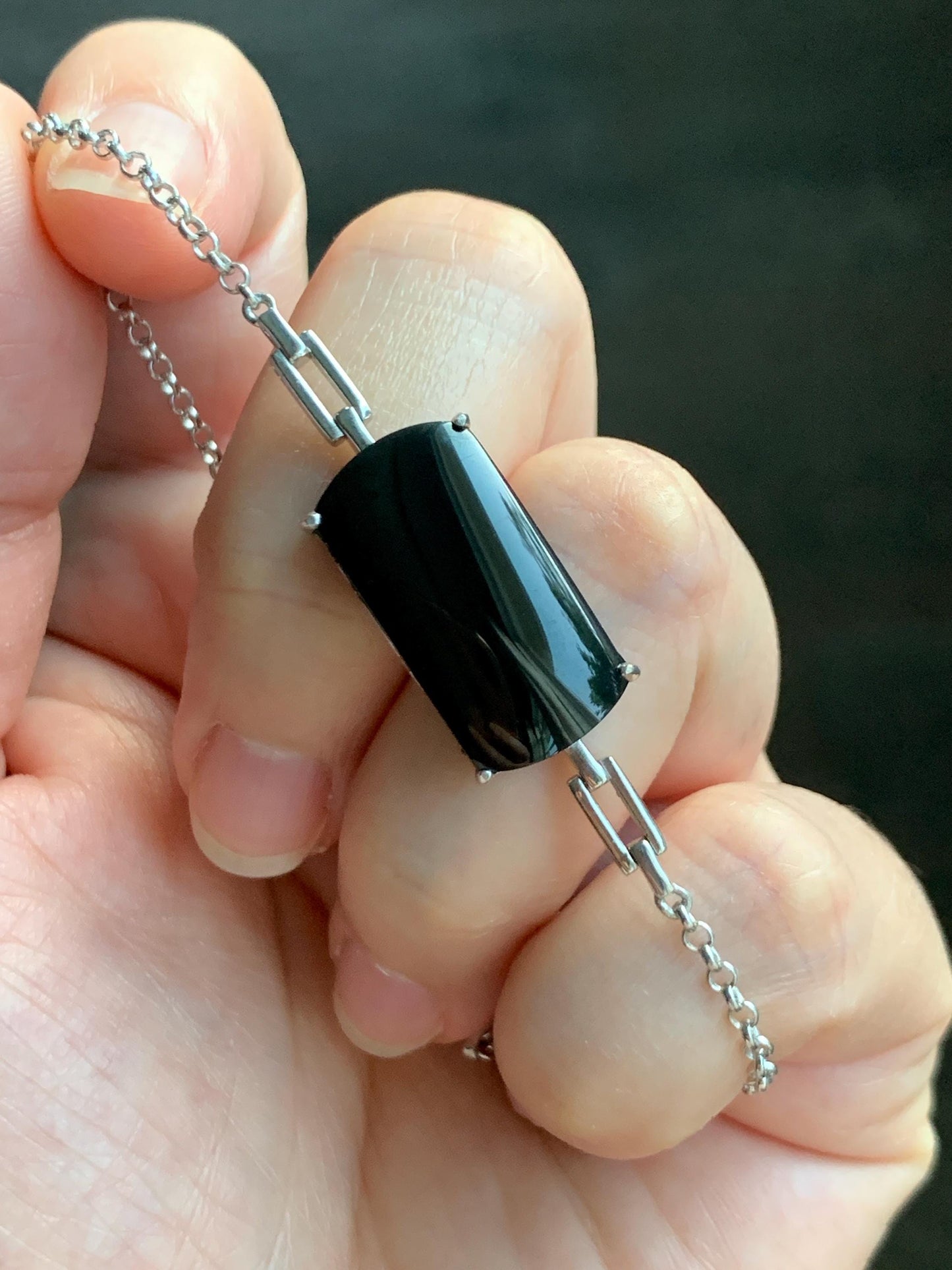 Certified Natural Grade A Opaque Black Jadeite Saddle Cabochon Rolo Chain Bracelet S925 Sterling Silver 6"-7.25" 5.7g 天然墨翠马鞍蛋面银镶手链 7419