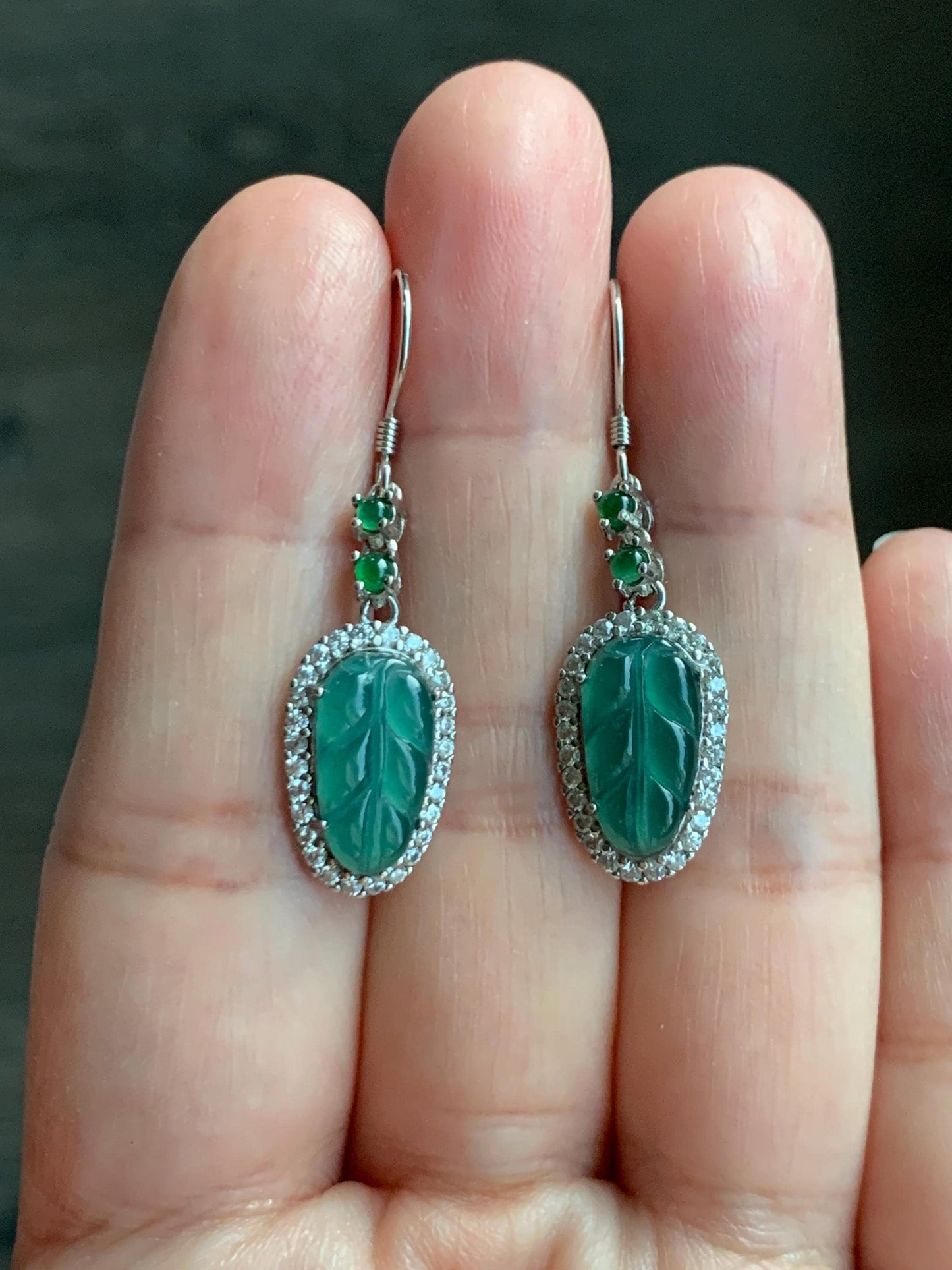 Natural Guatemalan Grade A Icy Translucent Teal Green Jadeite Leaf Vibrant Green Jadeite Earrings Sterling Silver 天然冰危蓝绿翡翠大叶有成银镶耳钩 WLYC88