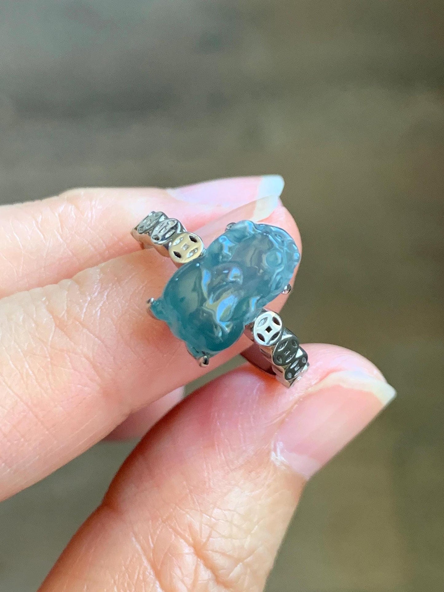 Certified Natural Grade A Guatemalan Icy Translucent Teal Green Jadeite Pixiu Ring Sterling Silver size 7.25 US 3.8g 天然冰胶危蓝绿翡翠貔貅银镶戒指 9449