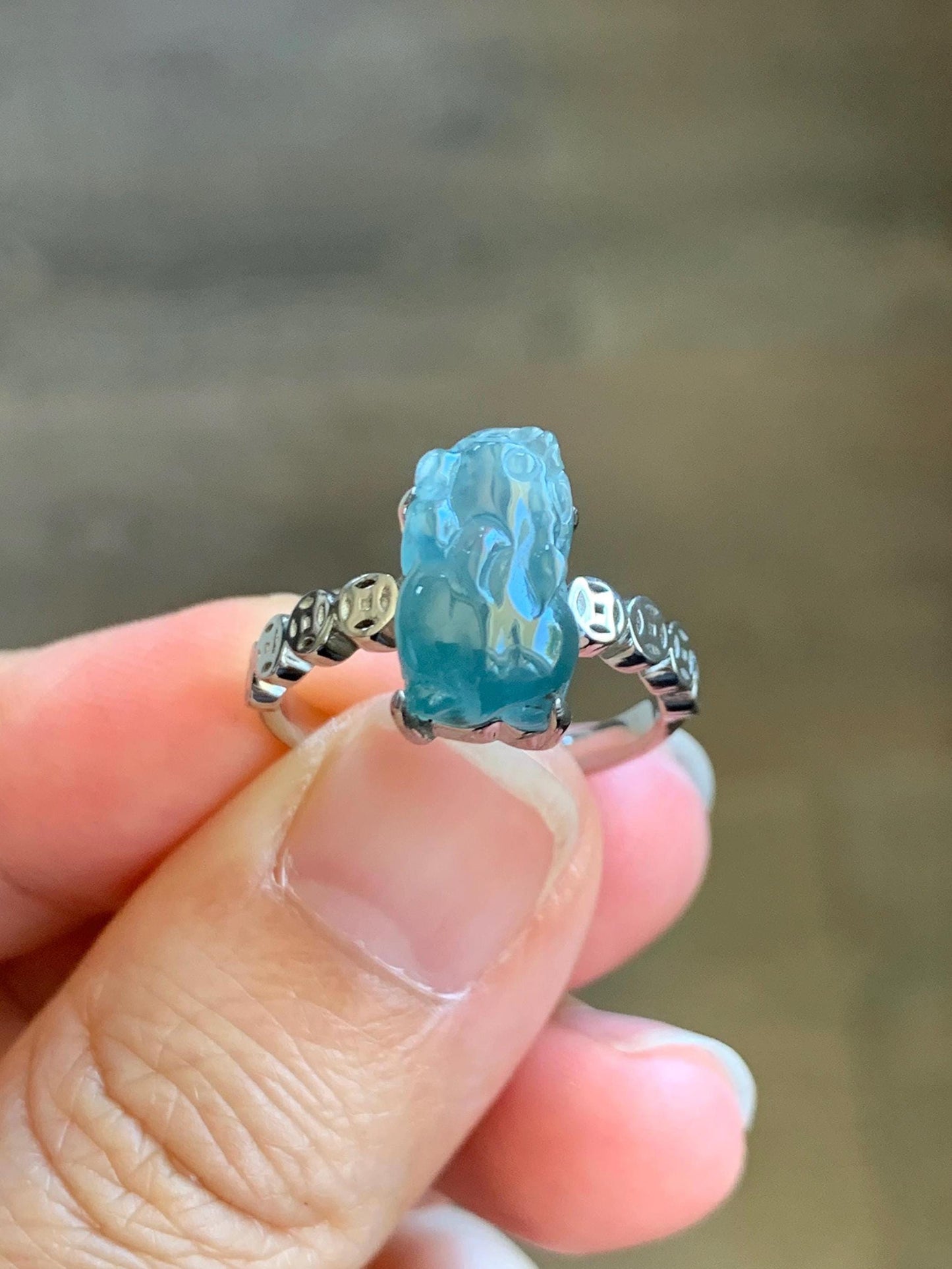 Certified Natural Grade A Guatemalan Icy Translucent Teal Green Jadeite Pixiu Ring Sterling Silver size 7.25 US 3.8g 天然冰胶危蓝绿翡翠貔貅银镶戒指 9449