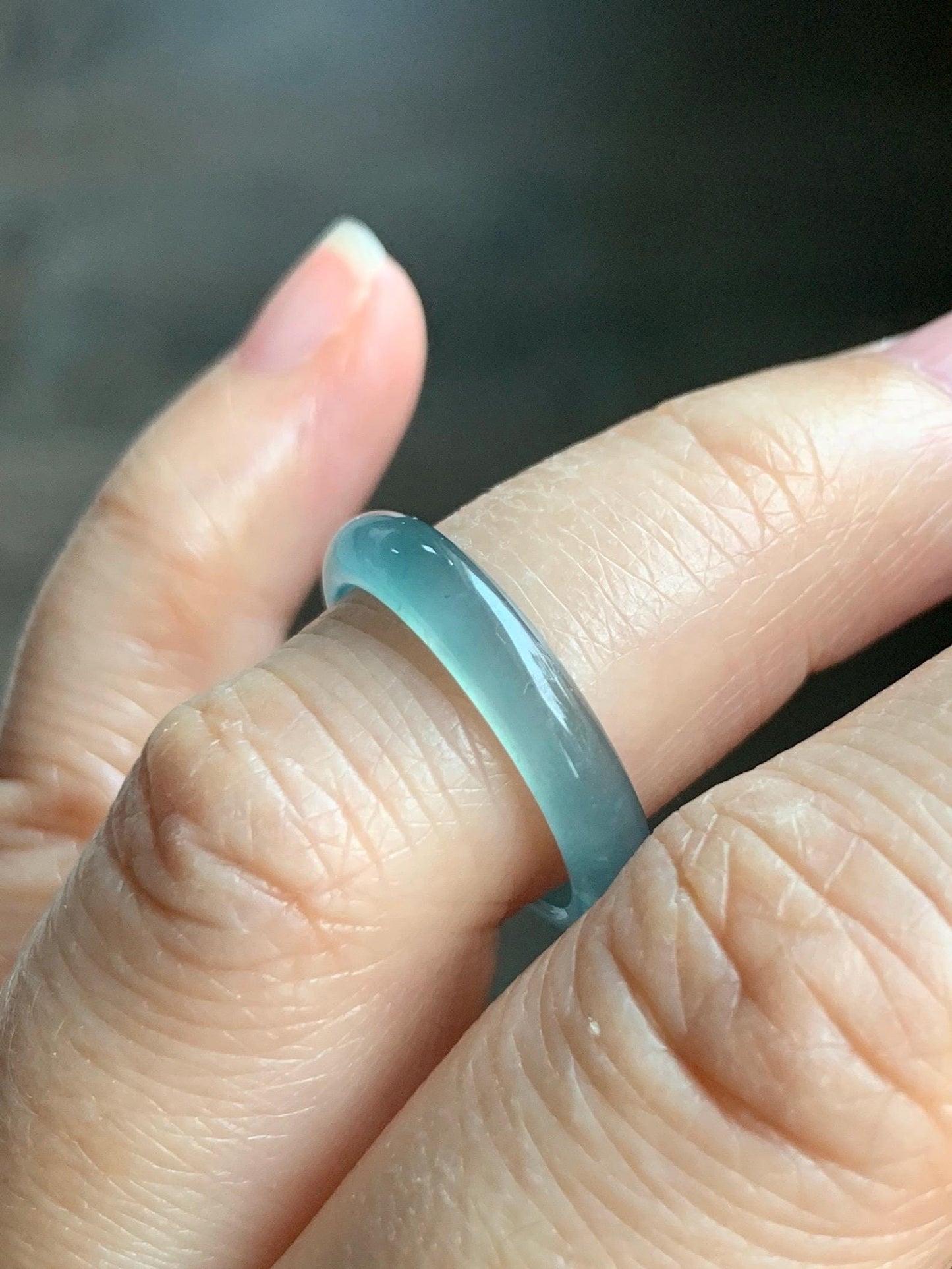 Natural Grade A Guatemalan Icy Highly Translucent Gelatinous Pastel Teal Blue Jade Jadeite Band Ring Size 6.75 US 天然冰危淡蓝起光翡翠戒圈 WZC44-I