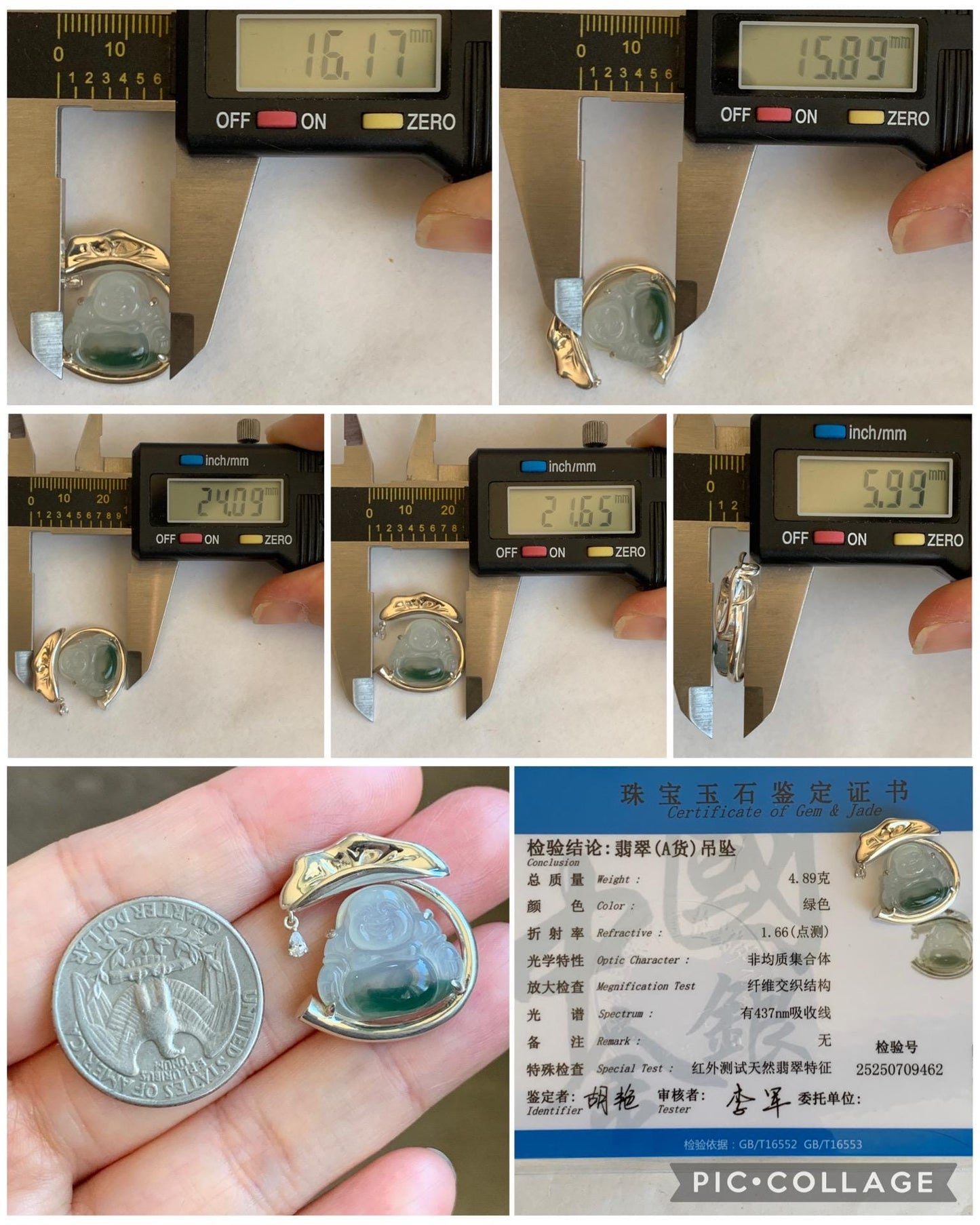 Certified Natural Grade A Icy Translucent Gelatinous White Green Marbled Jadeite Buddha Pendant Sterling Silver 4.89g 天然老种冰胶飘花翡翠佛公镶嵌吊坠 9462