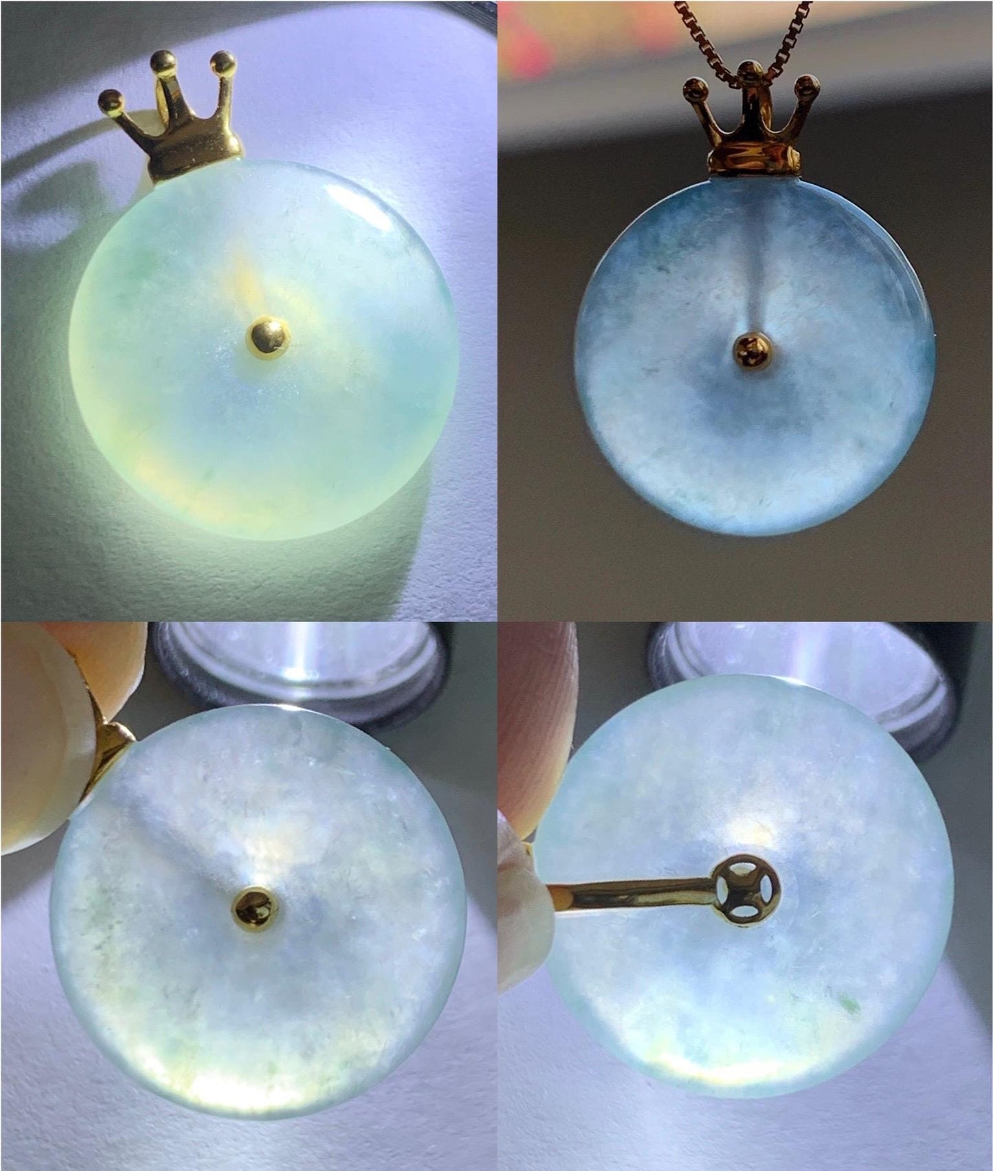Certified Natural Icy Highly Translucent Gelatinous Pastel Green Jade Jadeite Ping An Kou Donut Pendant 14K Yellow Gold 天然冰淡绿平安扣镶嵌吊坠 9434