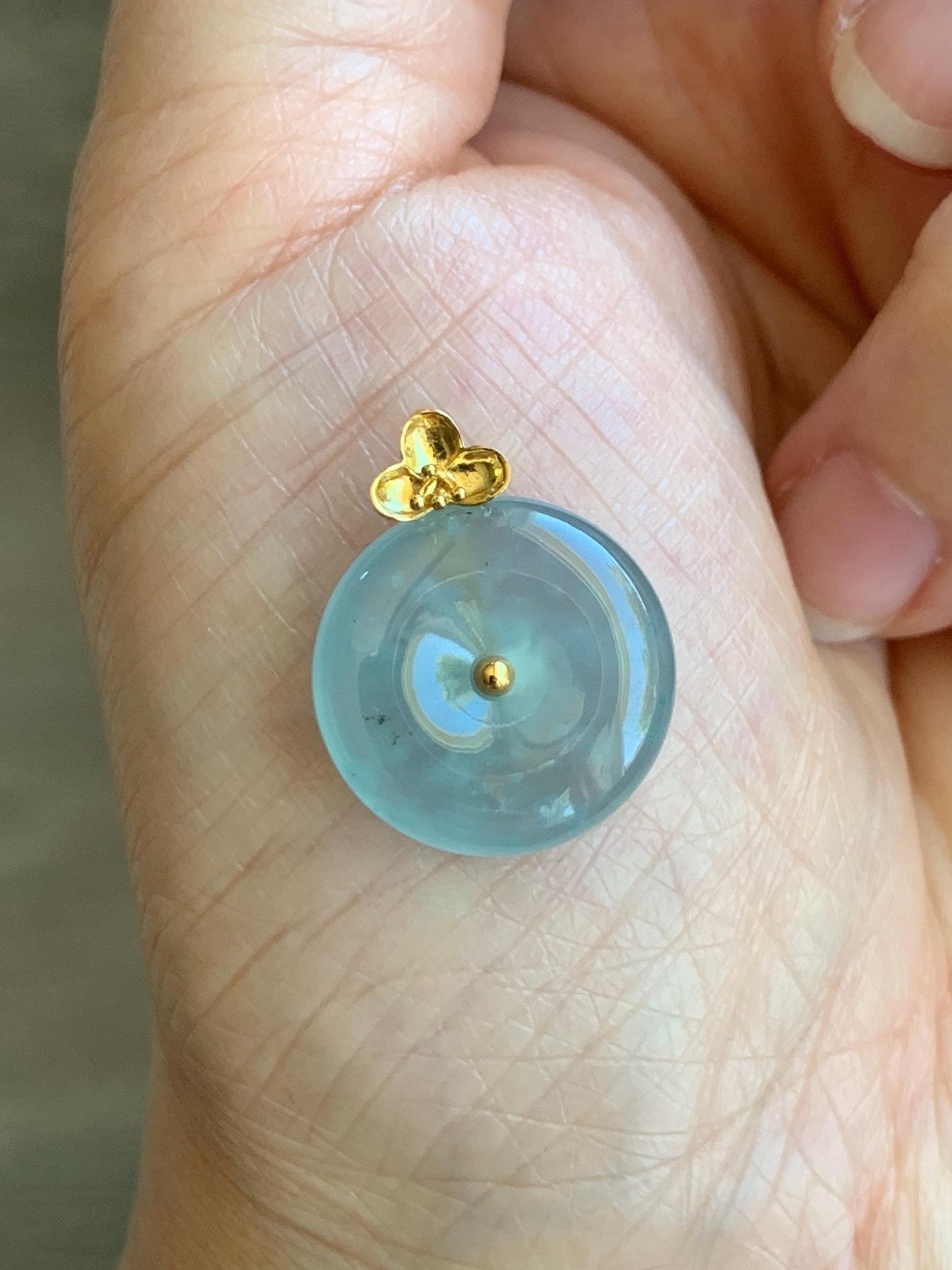 Certified Natural Guatemalan Icy Highly Translucent Light Blue Jade Jadeite Ping An Kou Donut Pendant 14K Yellow Gold 天然冰危淡蓝平安扣镶嵌吊坠 9420