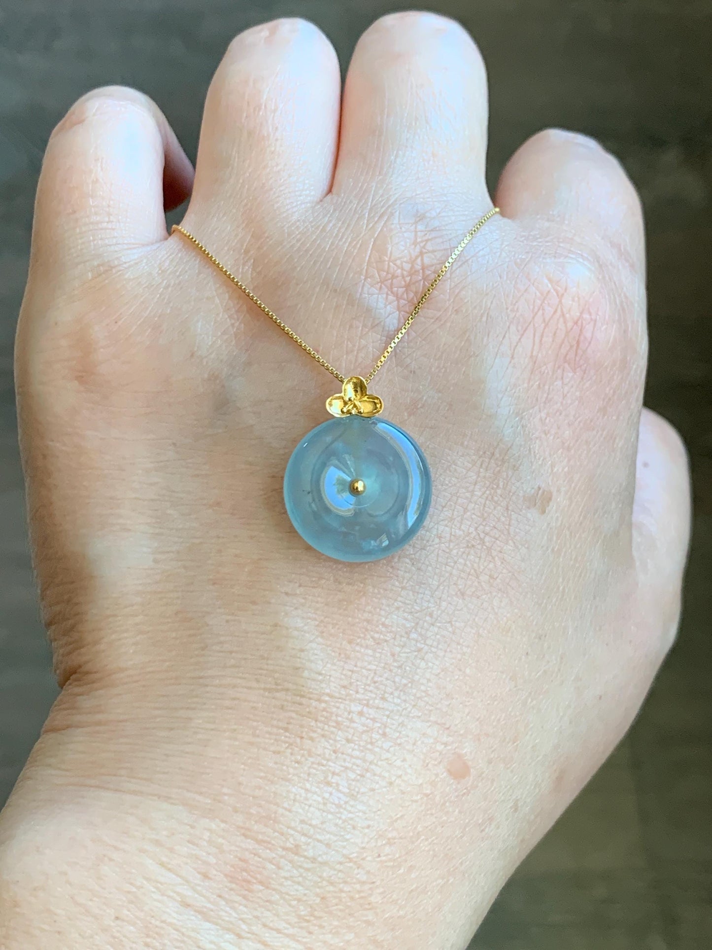 Certified Natural Guatemalan Icy Highly Translucent Light Blue Jade Jadeite Ping An Kou Donut Pendant 14K Yellow Gold 天然冰危淡蓝平安扣镶嵌吊坠 9420