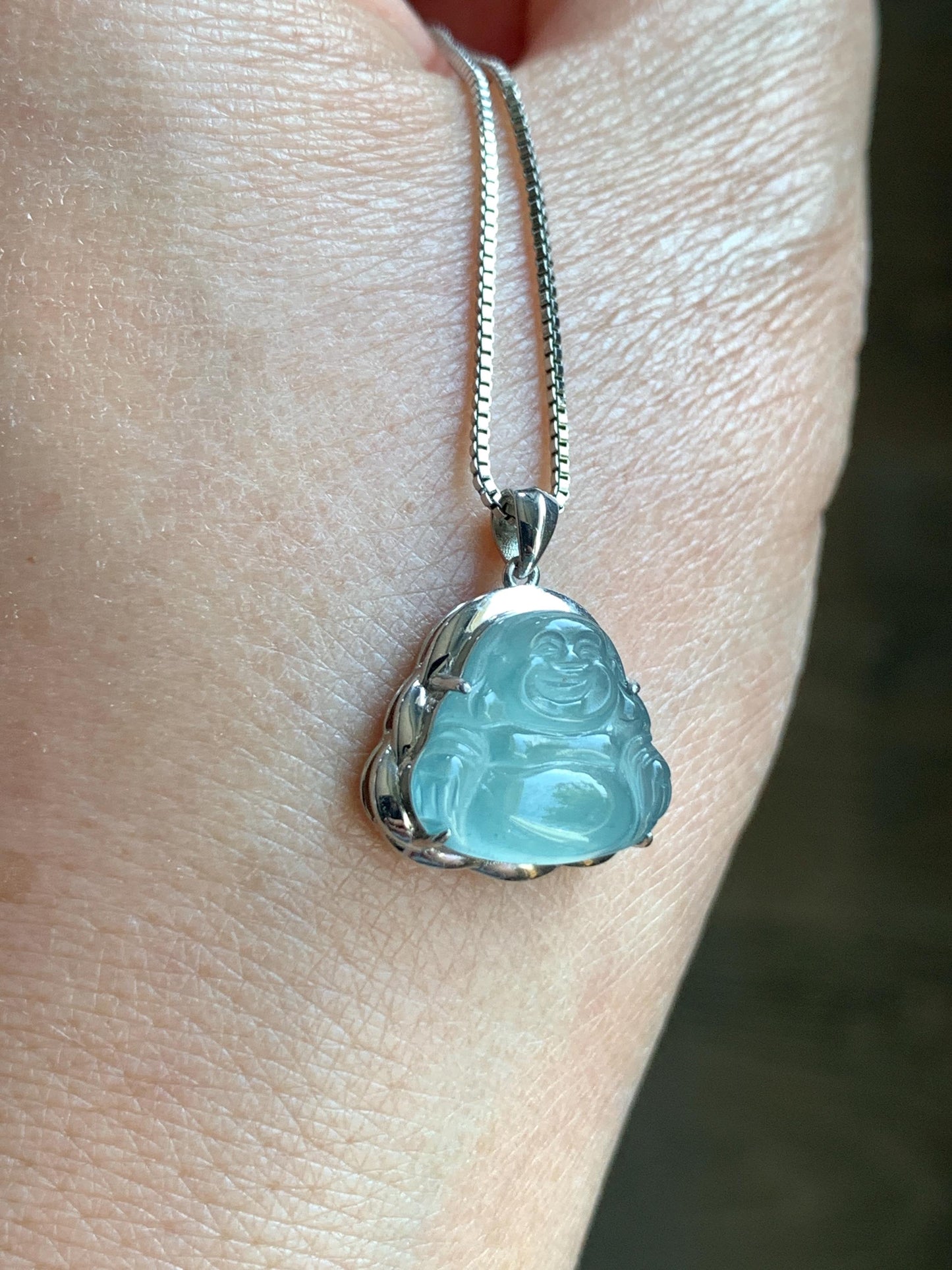 Certified Natural Guatemalan Icy Highly Translucent Light Teal Blue Jadeite Buddha Petite Pendant Sterling Silver 天然老种高冰危蓝绿翡翠起光佛公镶嵌吊坠 3025