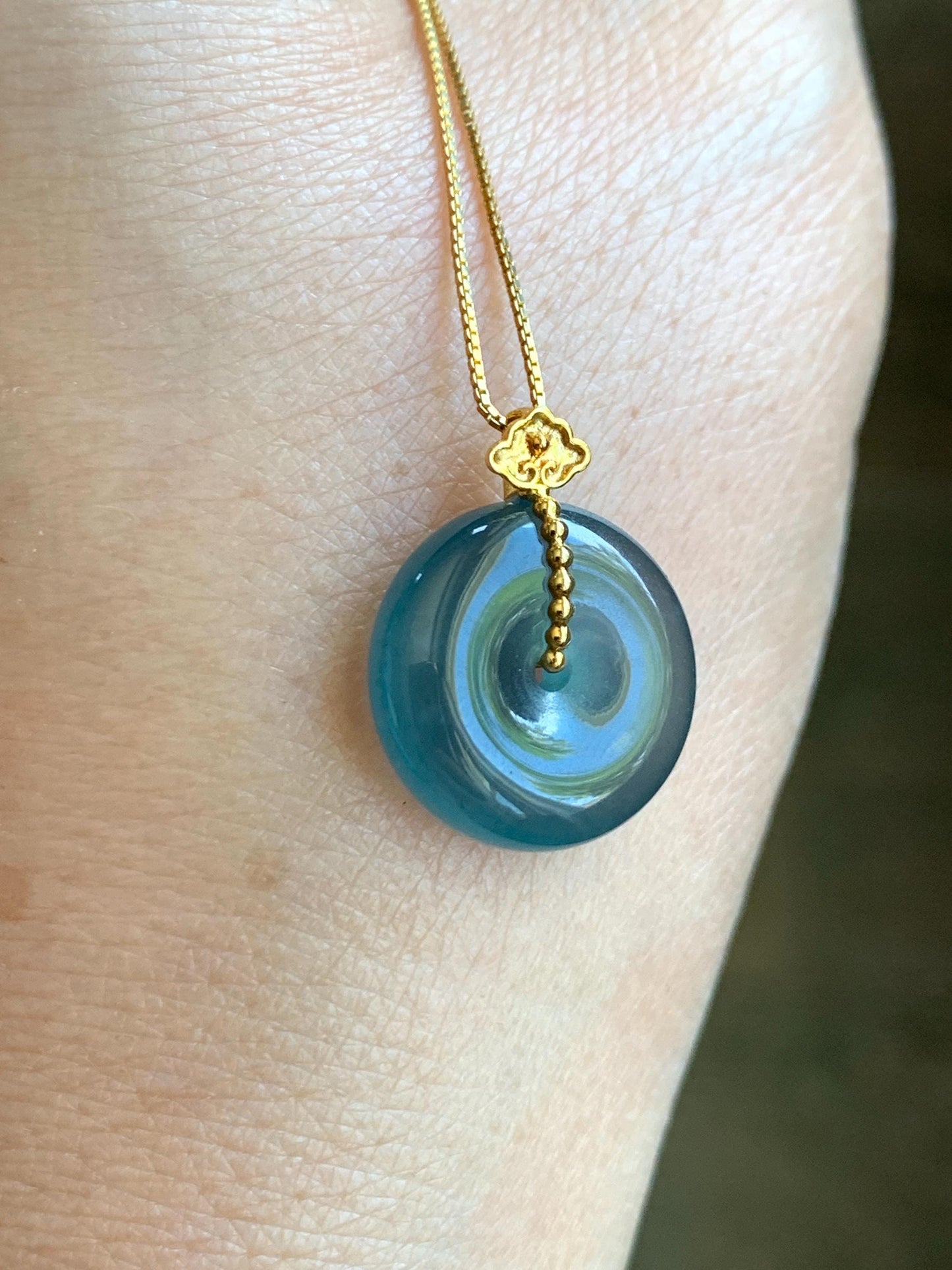 Certified Natural Guatemalan Icy Highly Translucent Aegean Blue Jadeite Ping An Kou Donut Petite Pendant 14K Yellow Gold 天然冰危深蓝平安扣镶嵌吊坠 9431