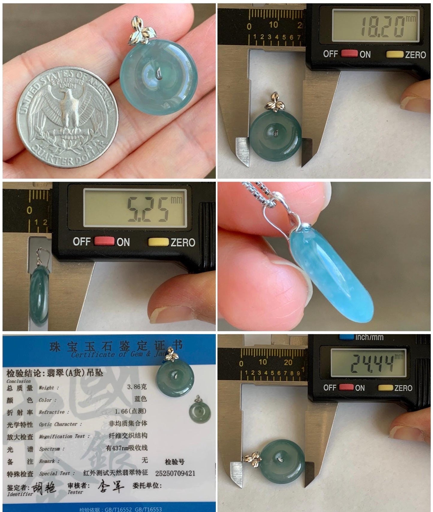 Certified Natural Guatemalan Icy Highly Translucent Light Teal Blue Jadeite Ping An Kou Donut Pendant 14K White Gold 天然冰危蓝绿平安扣镶嵌吊坠 9421