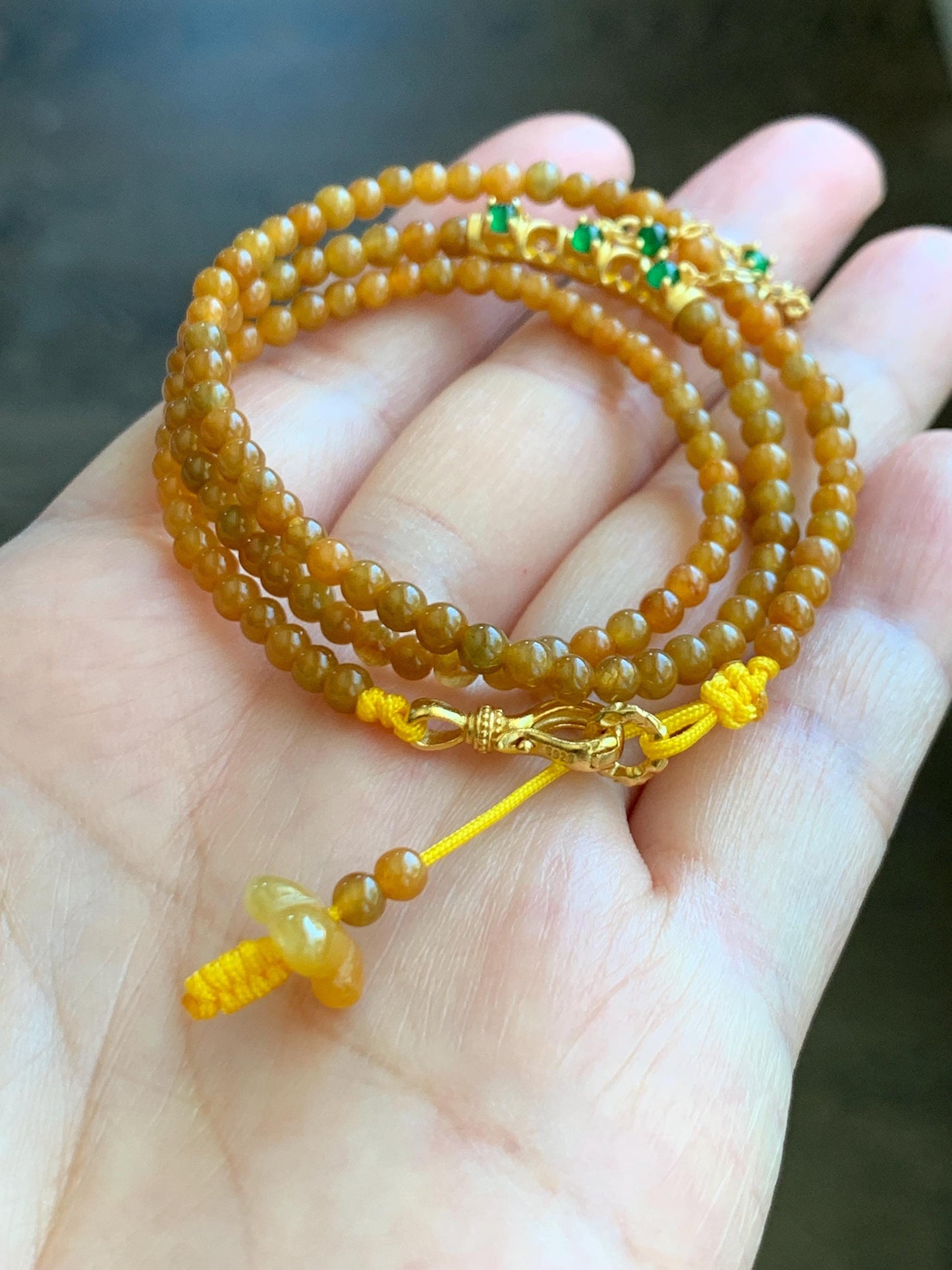 Natural Grade A Icy Translucent Intense Yellow Jadeite Petite Beads Sterling Silver Charm Beaded Necklace 17.5" 10g 天然冰油黄翡翠小圆珠冰危绿翡翠项链 JYH531