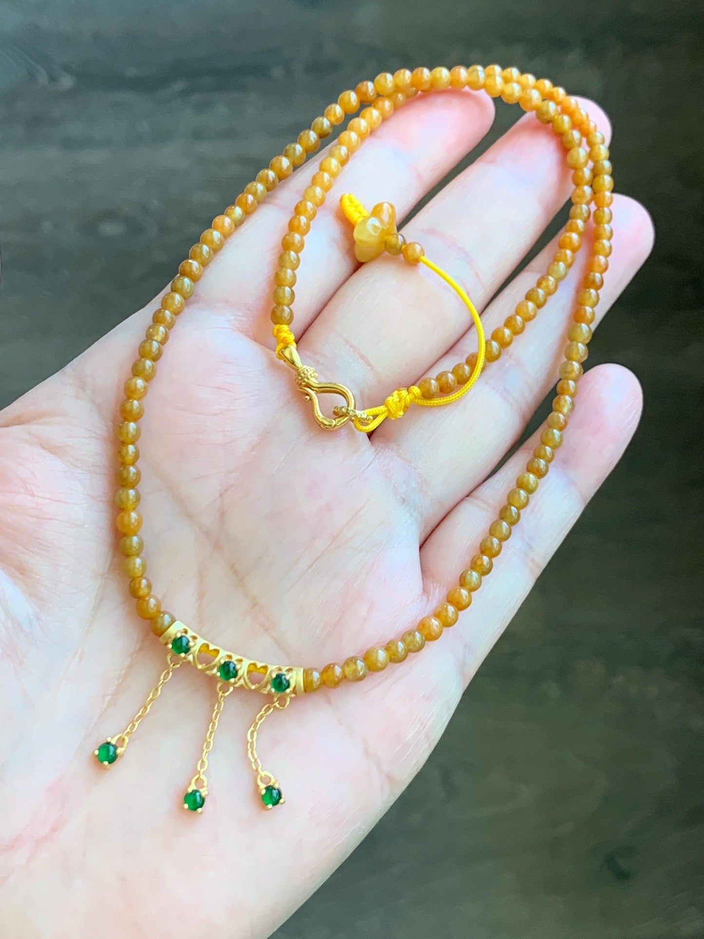 Natural Grade A Icy Translucent Intense Yellow Jadeite Petite Beads Sterling Silver Charm Beaded Necklace 17.5" 10g 天然冰油黄翡翠小圆珠冰危绿翡翠项链 JYH531