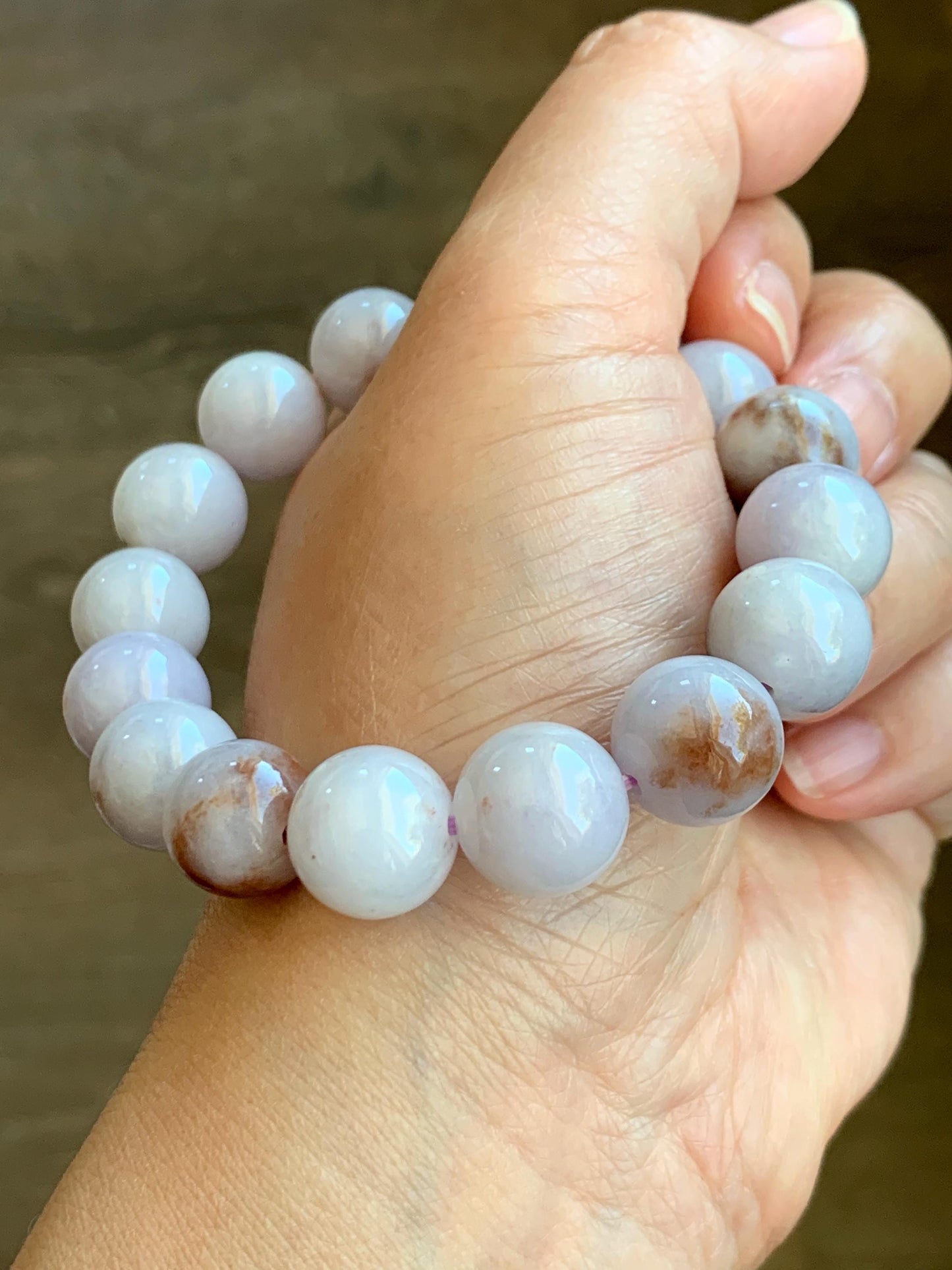 Natural Grade A Icy Translucent Pastel Purple Rust Marbled Jade Jadeite Large Beads Beaded Bracelet 12.8mm 7.5” 58g 天然宝紫飘红花翡翠大卡圆珠手串 ZPH330