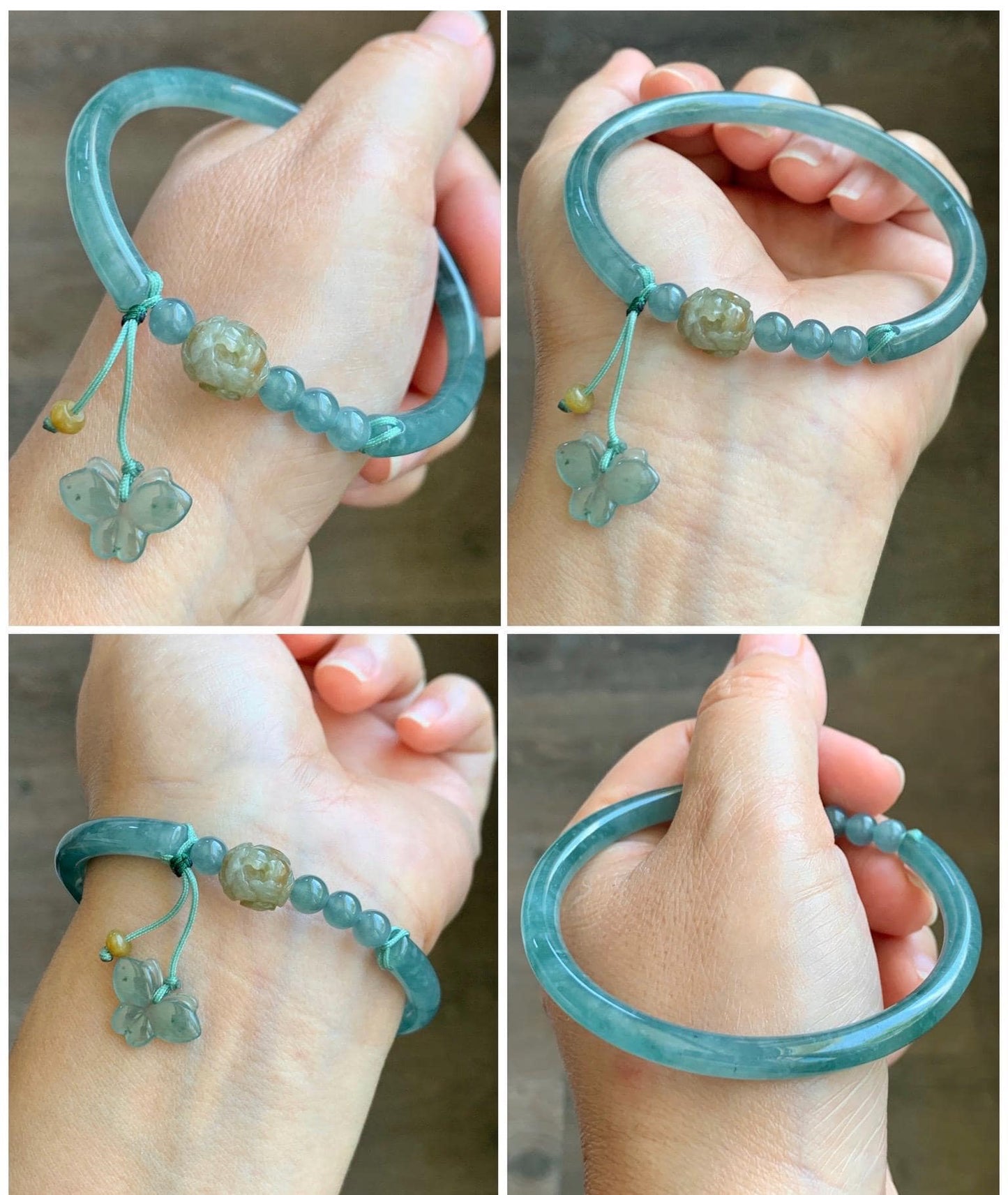 Natural Grade A Guatemalan Icy Translucent Light Green Marbled Jadeite Open Bangle Bracelet Sterling Silver Charms 53mm 天然冰胶危浅绿飘花翡翠半镯 WQP266
