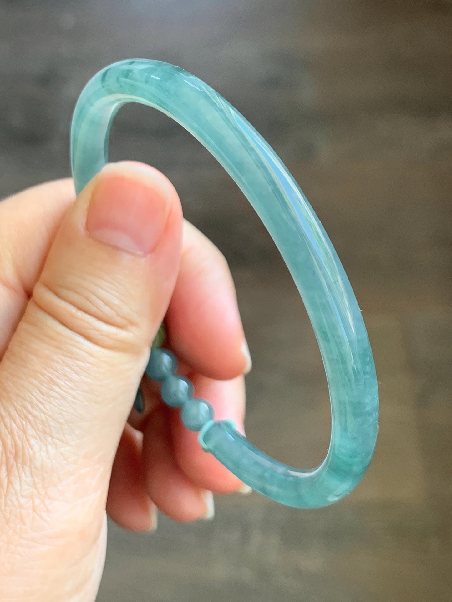 Natural Grade A Guatemalan Icy Translucent Light Green Marbled Jadeite Open Bangle Bracelet Sterling Silver Charms 53mm 天然冰胶危浅绿飘花翡翠半镯 WQP266