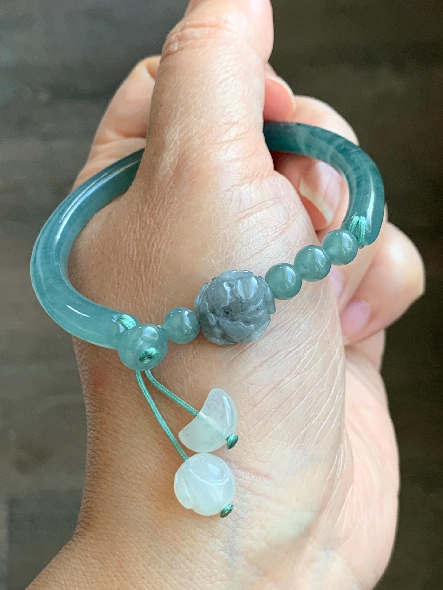 Natural Grade A Guatemalan Icy Highly Translucent Light Blue Jade Jadeite Open Bangle Bracelet Ruyi Lock Charms 54mm 18g 天然冰胶危浅蓝翡翠半镯 WTL397