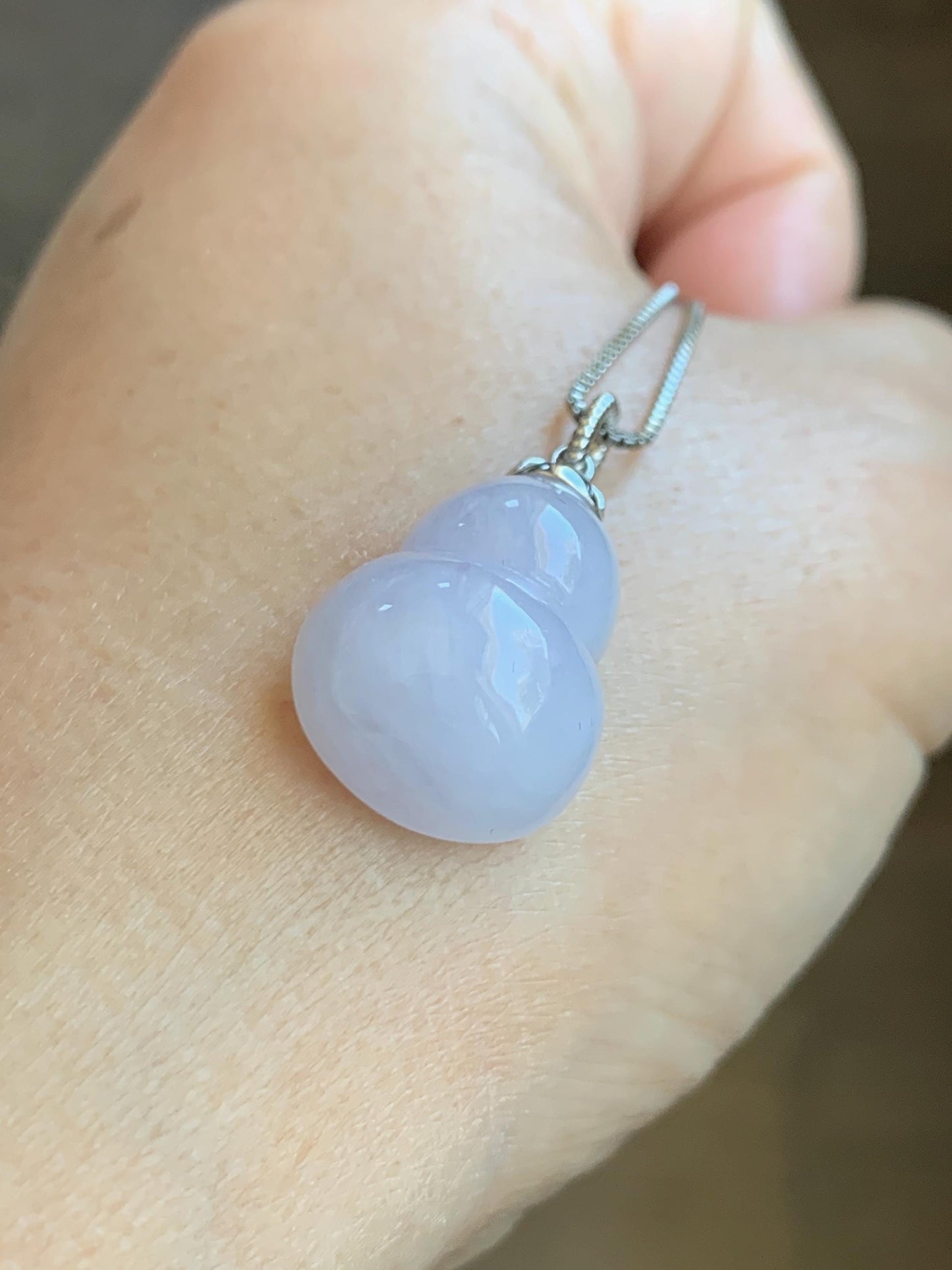 Certified Natural Grade A Icy Translucent Gelatinous Pastel Purple Jadeite Large Gourd Hulu Pendant 14K White Gold 天然老种冰淡紫翡翠葫芦镶嵌吊坠 9433