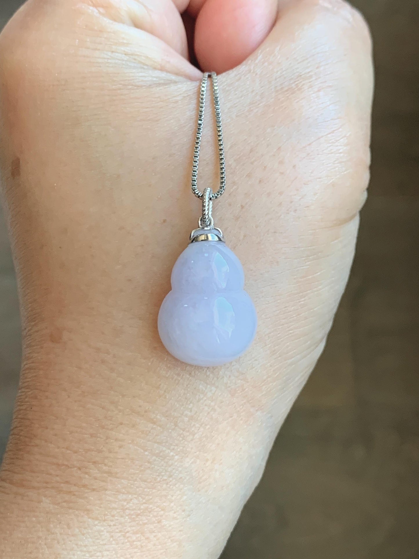 Certified Natural Grade A Icy Translucent Gelatinous Pastel Purple Jadeite Large Gourd Hulu Pendant 14K White Gold 天然老种冰淡紫翡翠葫芦镶嵌吊坠 9433