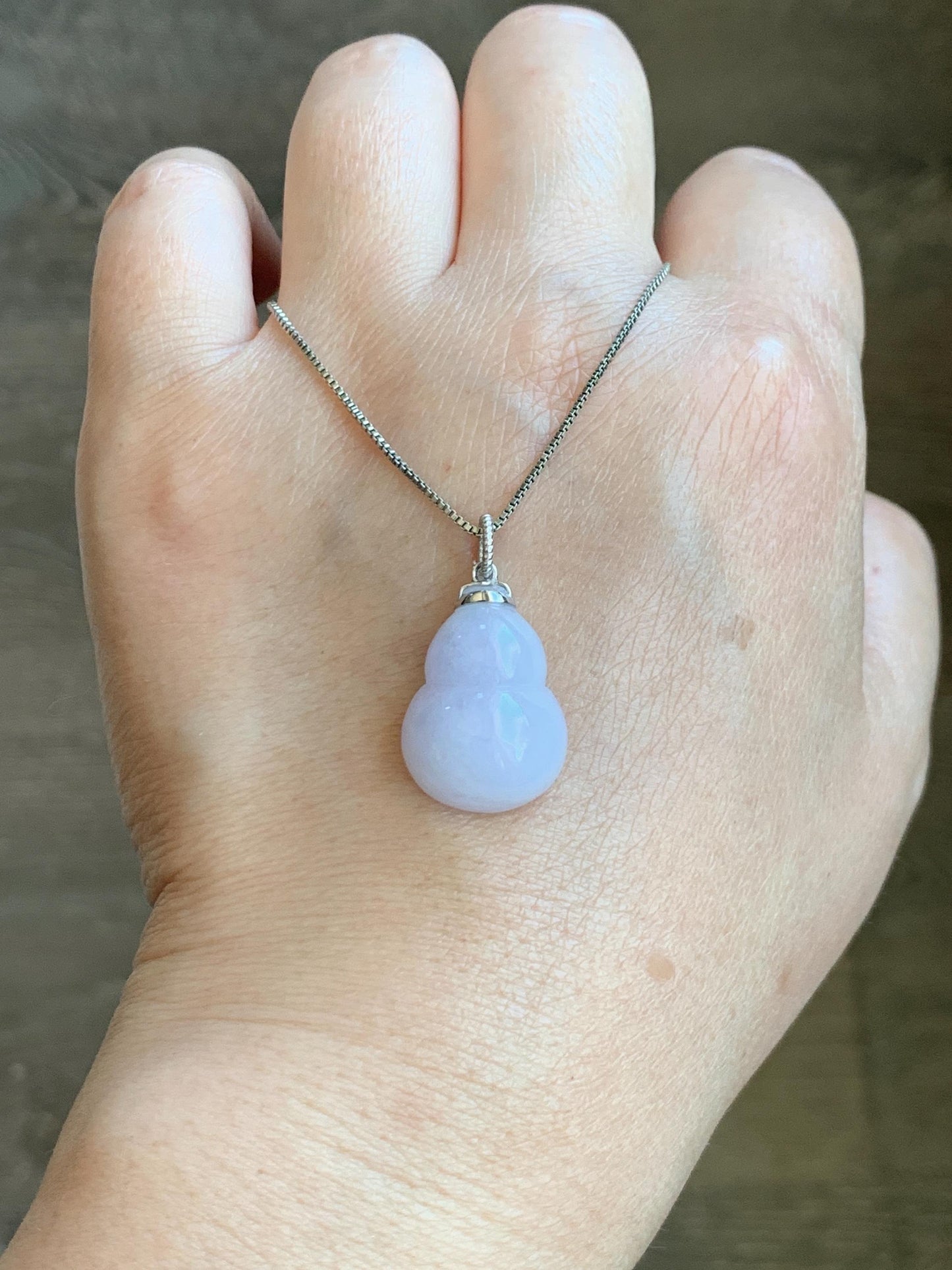 Certified Natural Grade A Icy Translucent Gelatinous Pastel Purple Jadeite Large Gourd Hulu Pendant 14K White Gold 天然老种冰淡紫翡翠葫芦镶嵌吊坠 9433