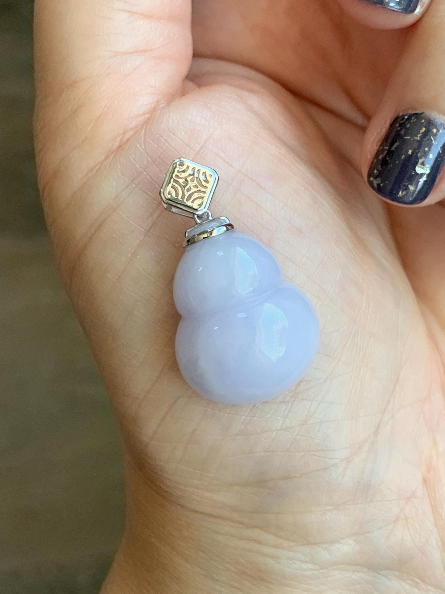Certified Natural Grade A Icy Translucent Gelatinous Light Purple Jadeite Large Gourd Hulu Pendant 14K White Gold 8.28g 天然冰淡紫翡翠葫芦镶嵌吊坠 9451